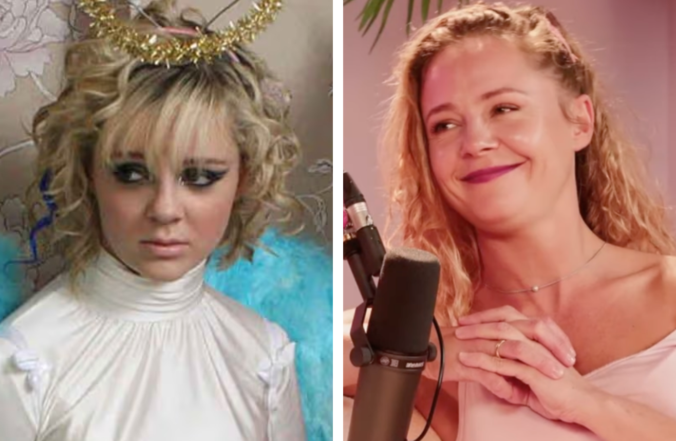 left shows a person in angel costume, right shows them smiling at a microphone, appearing to record or speak
