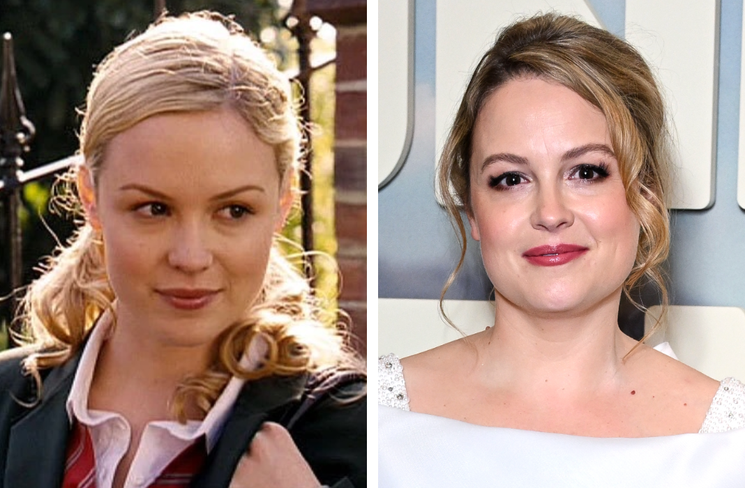 Two side-by-side images of the same woman, one in casual attire, the other at an event wearing an elegant off-the-shoulder dress and smiling