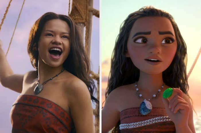 Aktris yang memerankan Moana di kapal bersama animasi Moana, keduanya mengenakan pakaian bergaya pulau dan kalung serupa
