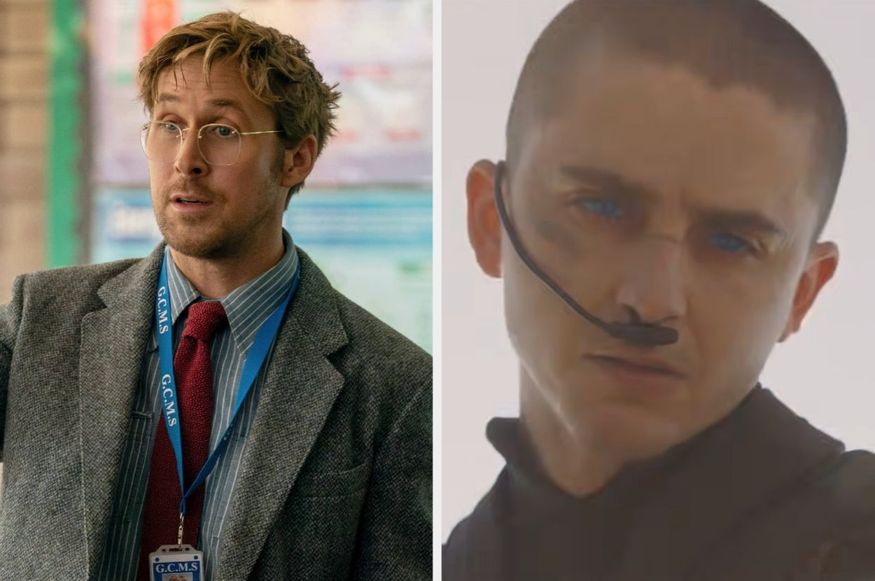 Left: A person in a suit with glasses and a badge. Right: A person with a headset, shaved head, and intense expression