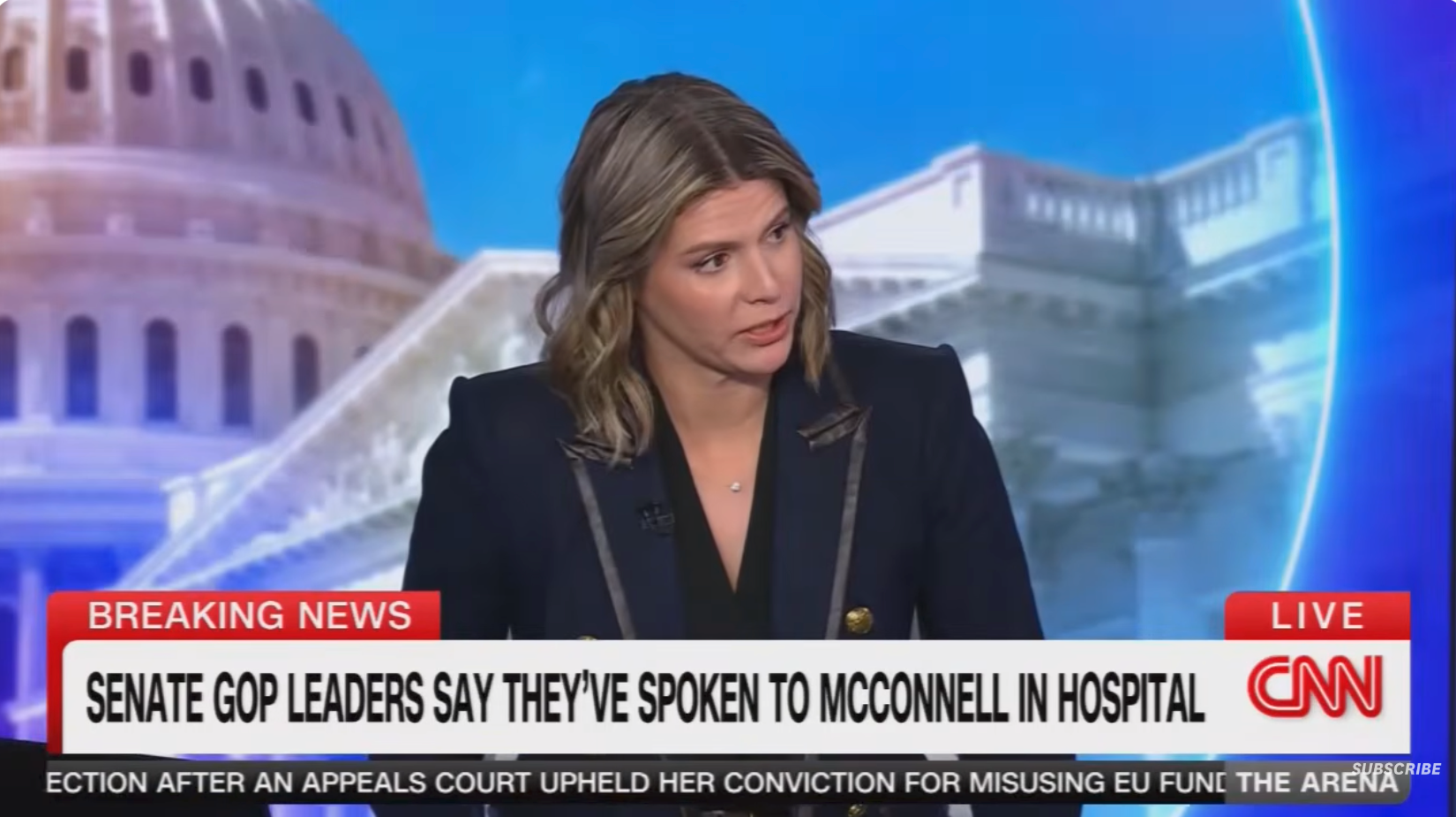 Nyhetsanker rapporterer at Senatets GOP-ledere har snakket med McConnell på sykehuset, med CNN-logoen synlig