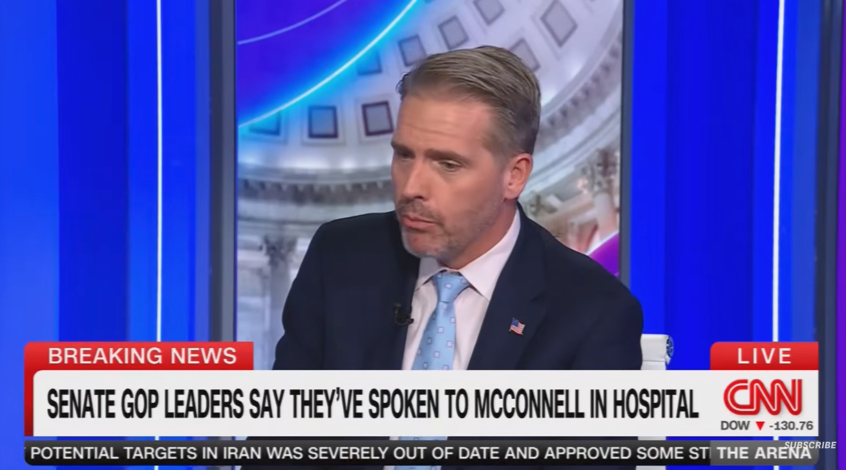 Et nyhetsanker diskuterer tilstanden til Senatets GOP-leder McConnell på sykehuset, som rapportert i CNN-nyheten nedenfor