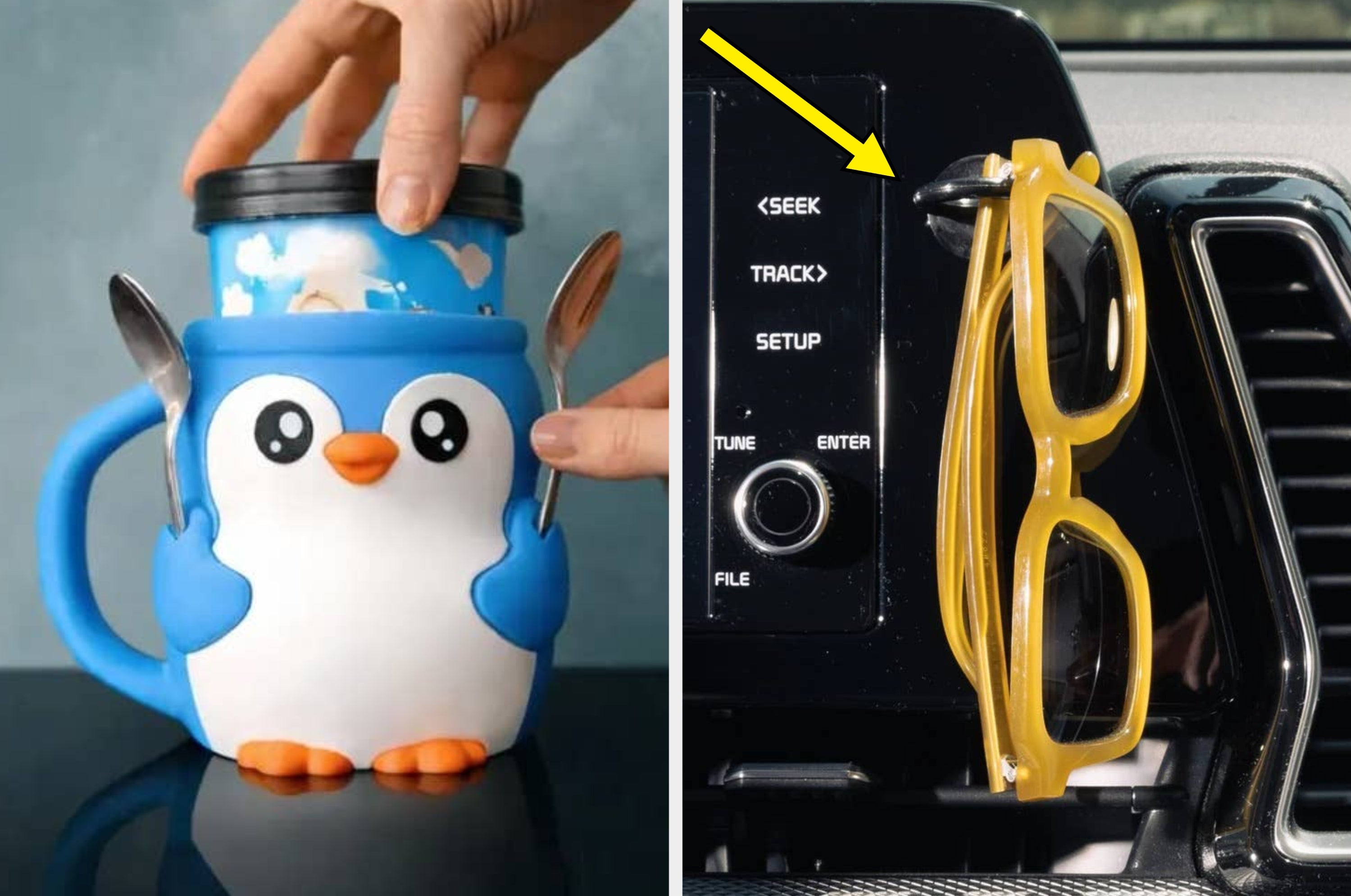 Penguin-themed mug with spoon holders being filled with coffee from a container