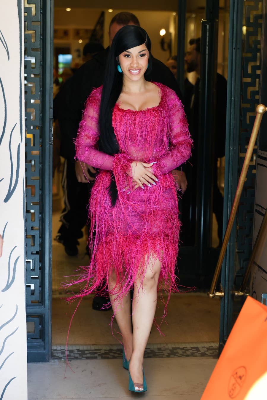 cardi b in pink dress Cardi B Wears Pearl-Covered Dress With a Shell to the Grammys