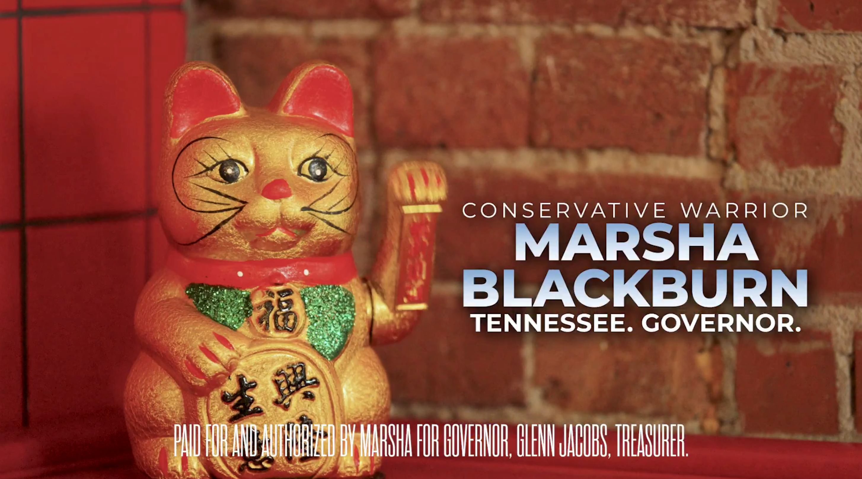 Heldig kattefigur ved siden av tekst som støtter Marsha Blackburn for Tennessee guvernør