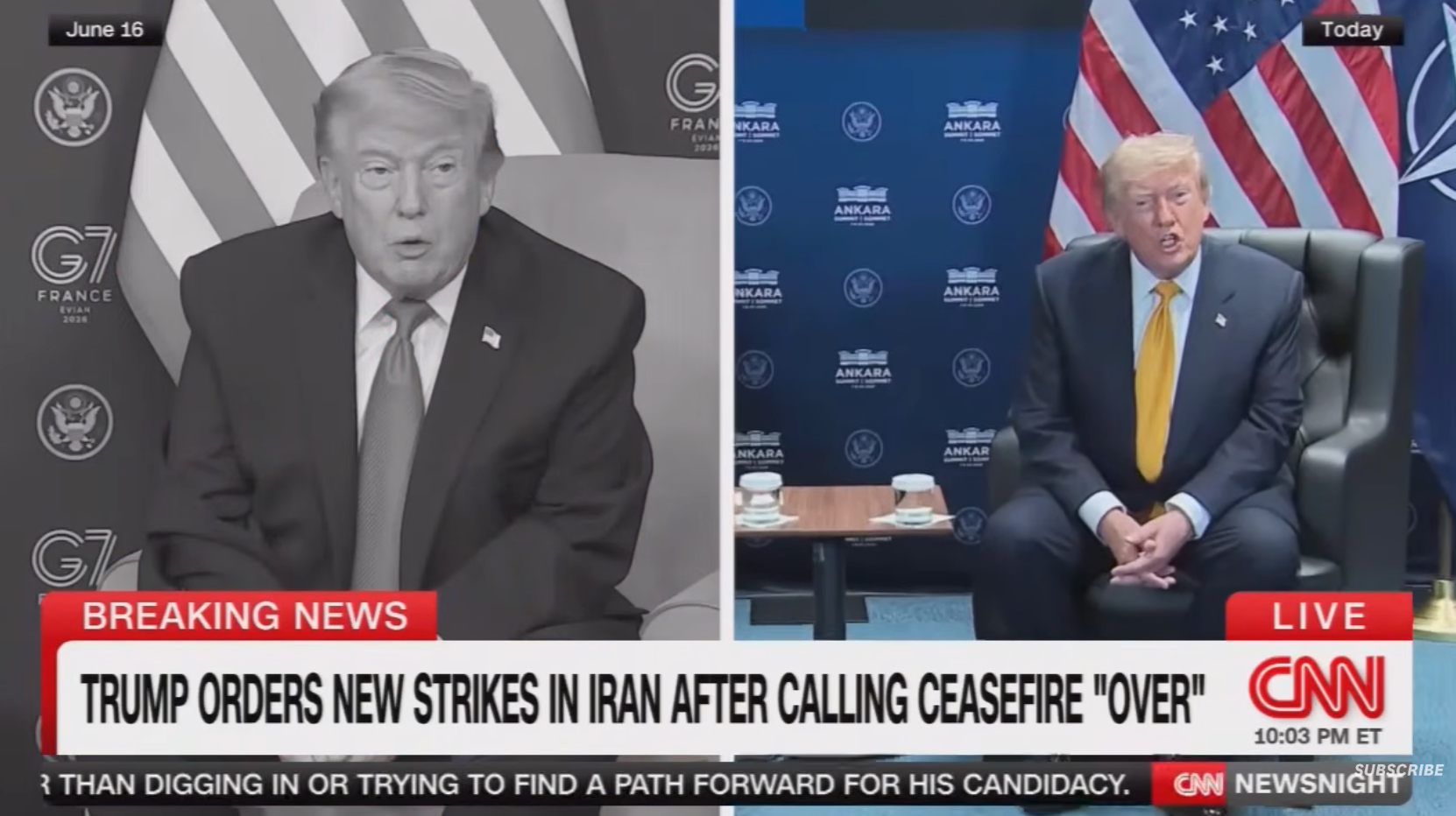 Delt skjermbilde: USAs tidligere president Trump henvender seg til media; CNN-overskriften lyder: