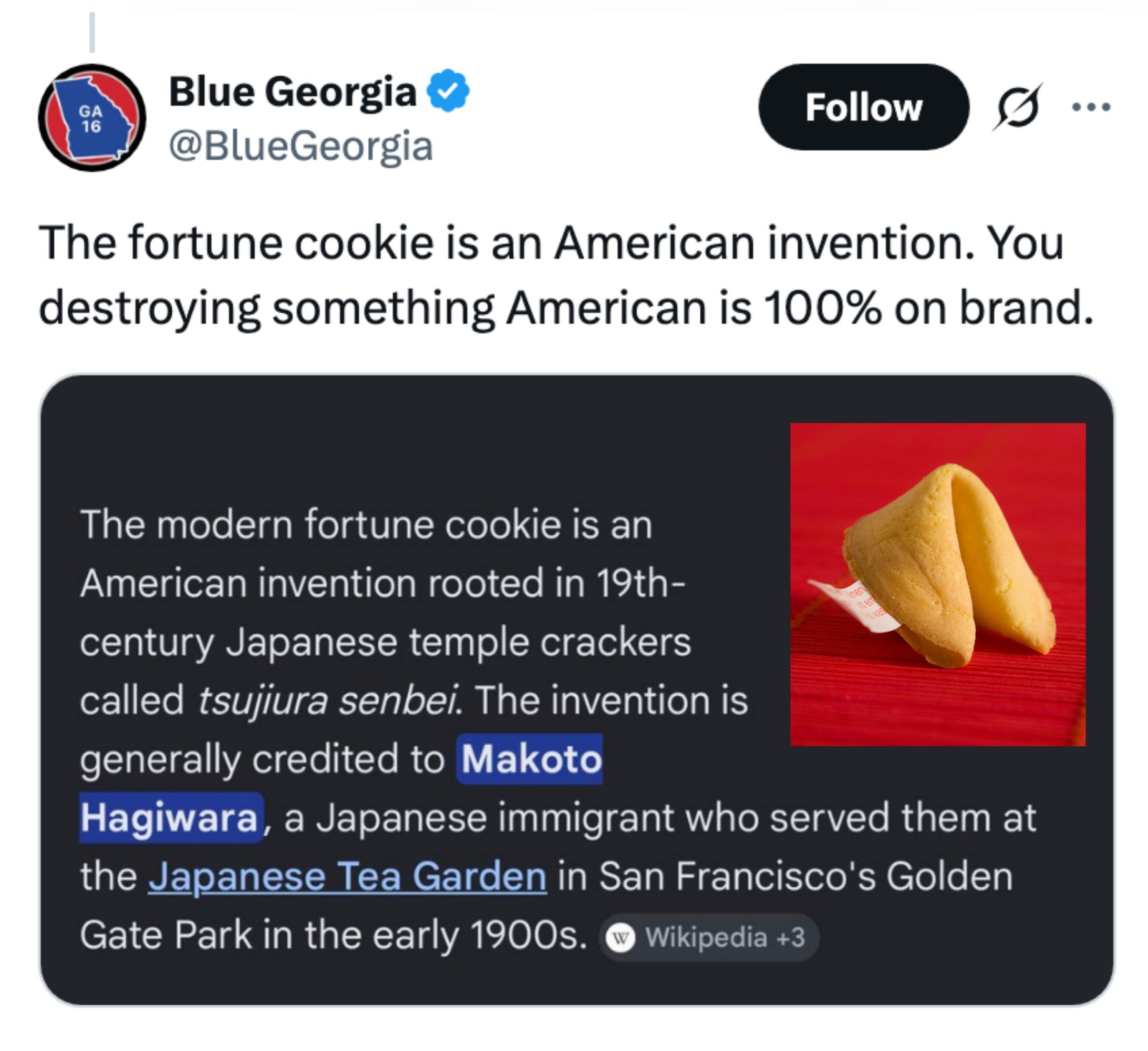 Tweet om den amerikanske oppfinnelsen av lykkekaken, kreditert til Makoto Hagiwara, en innvandrer ved den japanske tehagen tidlig på 1900-tallet