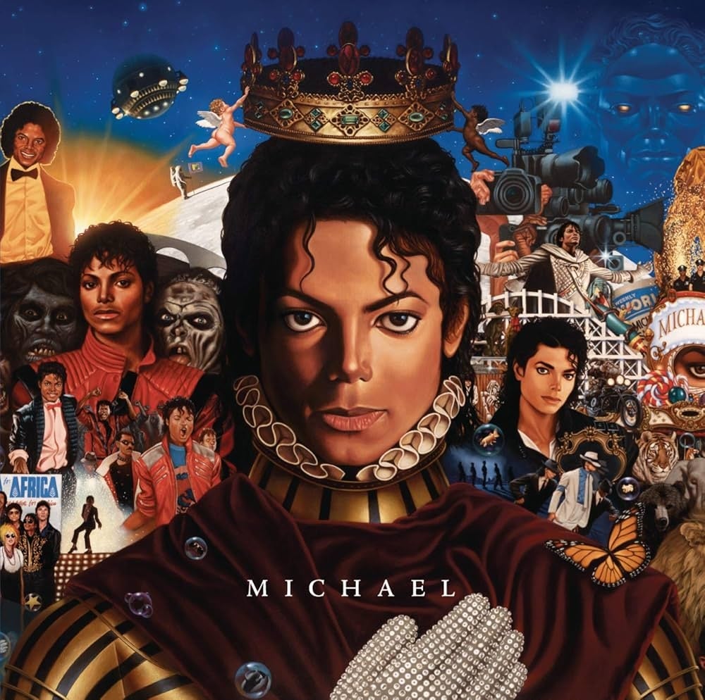 Collage of Michael Jackson wearing a crown, surrounded by images from his career, including performances and iconic moments
