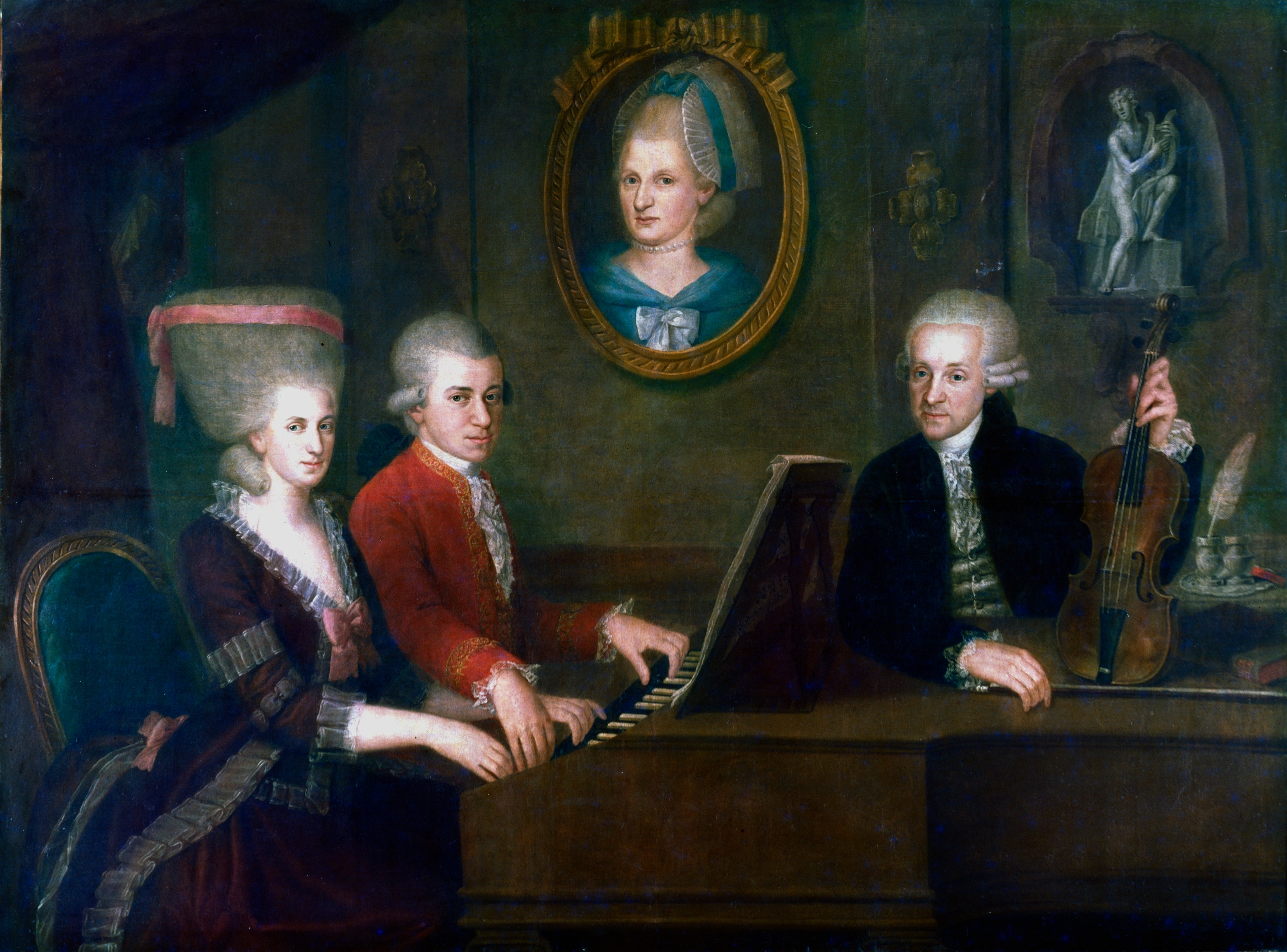 18th-century musicians around a piano, featuring portraits and period clothing, including a man with a violin and a woman in a large hat