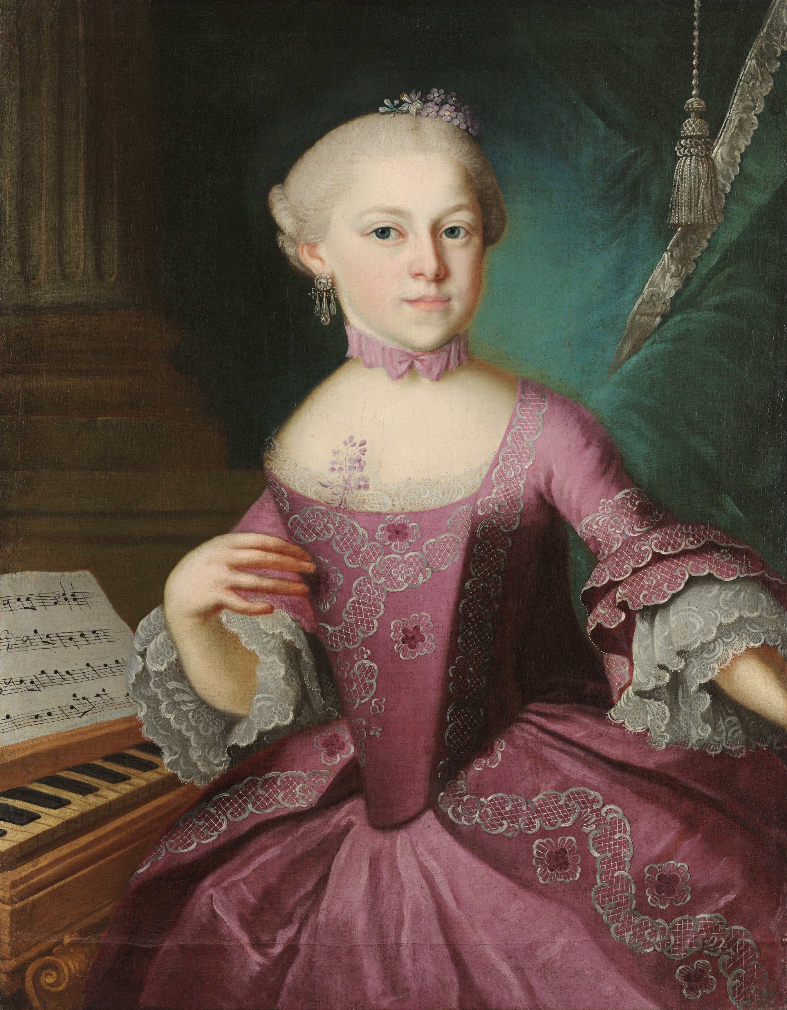 18th-century portrait of a young noblewoman in an ornate lace gown seated beside a keyboard instrument