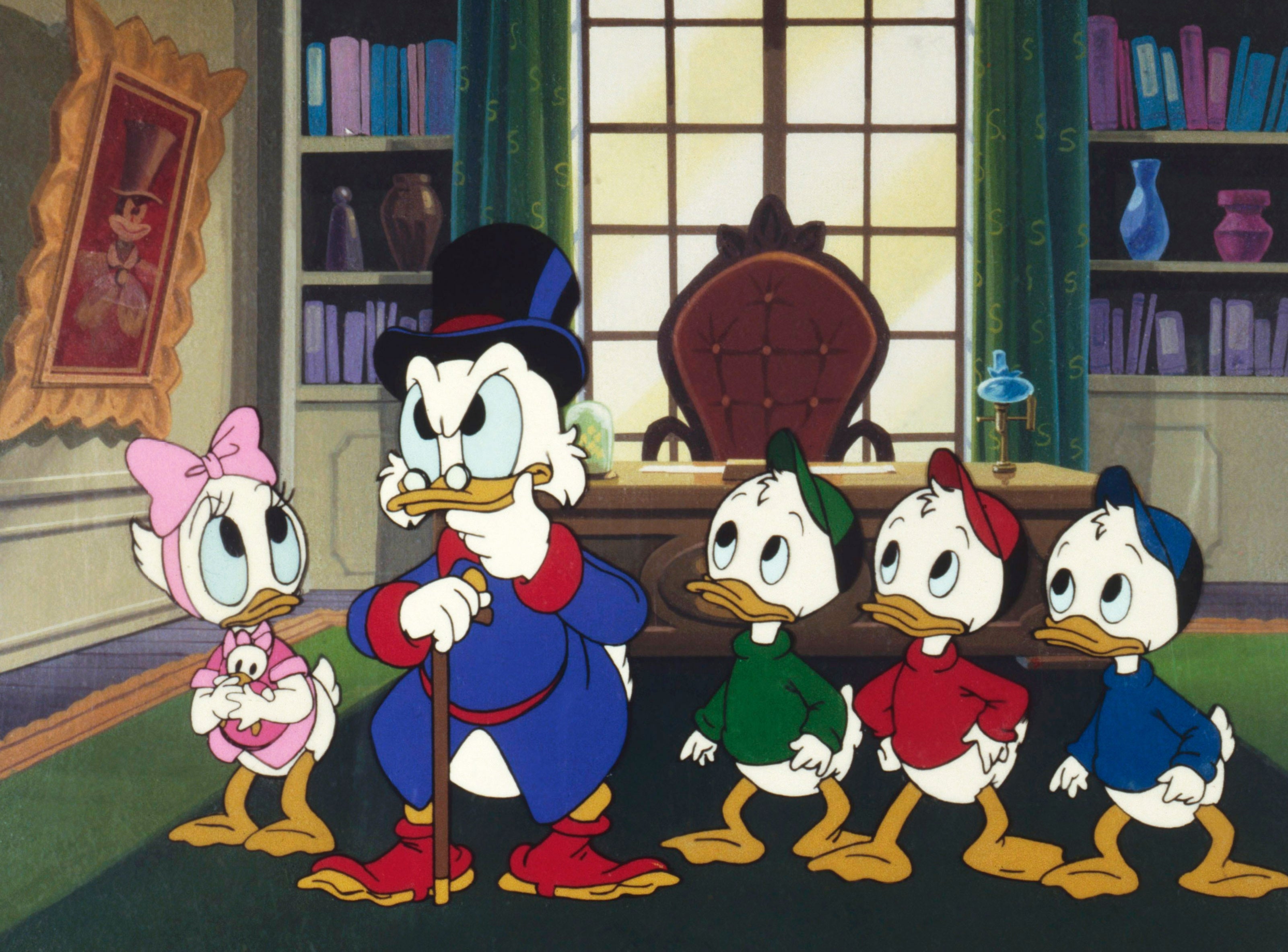 Animated scene with Scrooge McDuck, Huey, Dewey, Louie, and Webby Vanderquack in an ornate library, appearing engaged in discussion