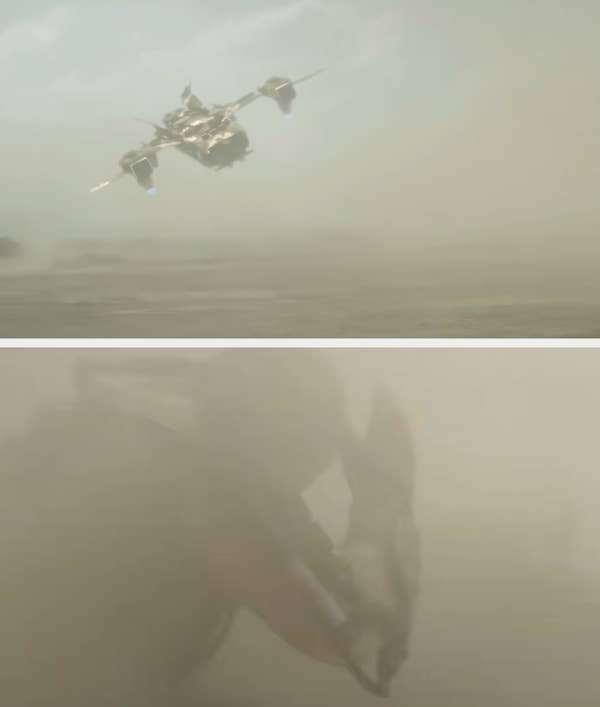 A futuristic spacecraft hovers above a misty landscape, creating an atmosphere of mystery and intrigue