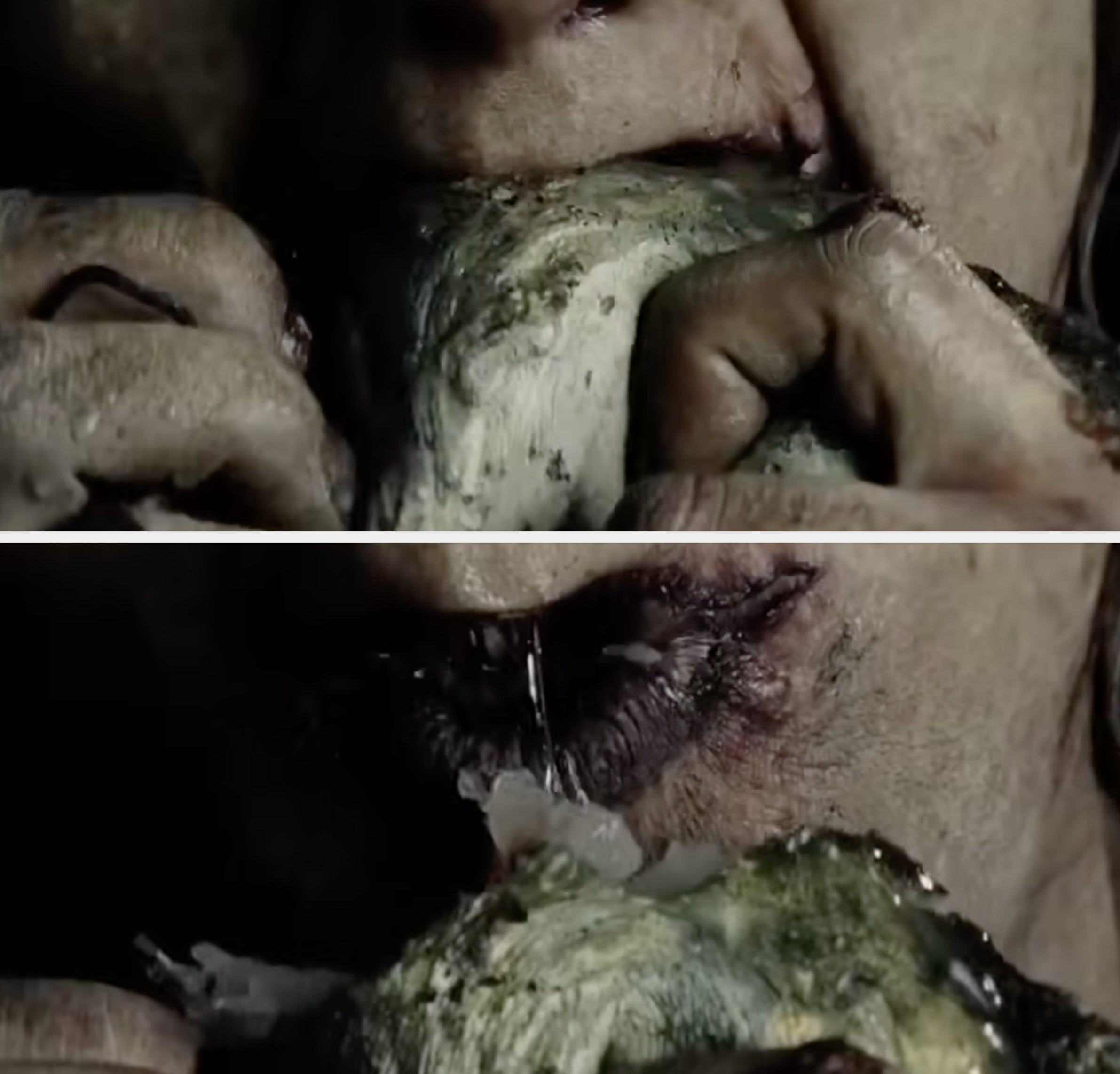 Close-up of a person biting into raw fish, hands gripping it tightly