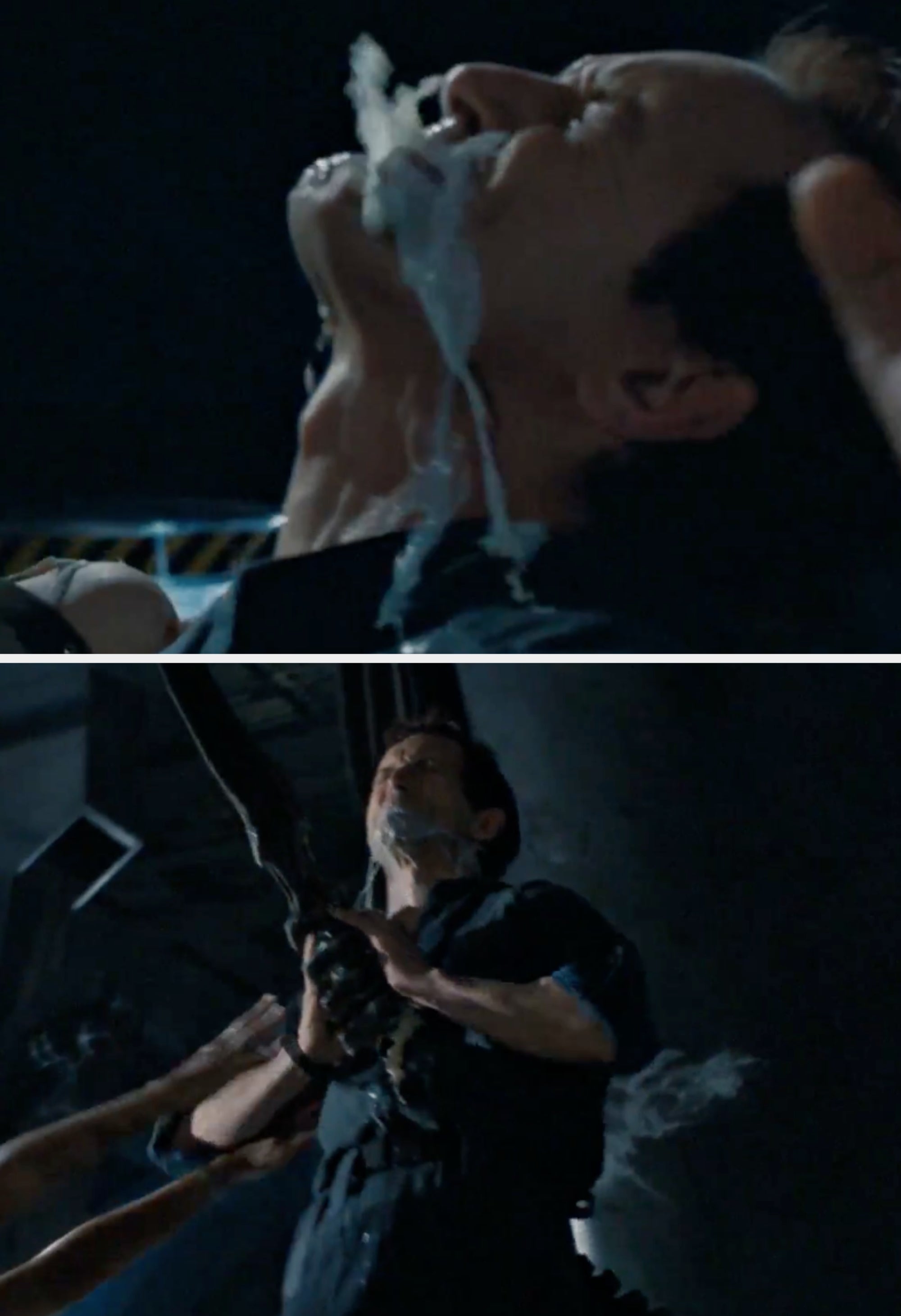 Lance Henriksen in a dramatic action scene with white liquid spurting from his mouth