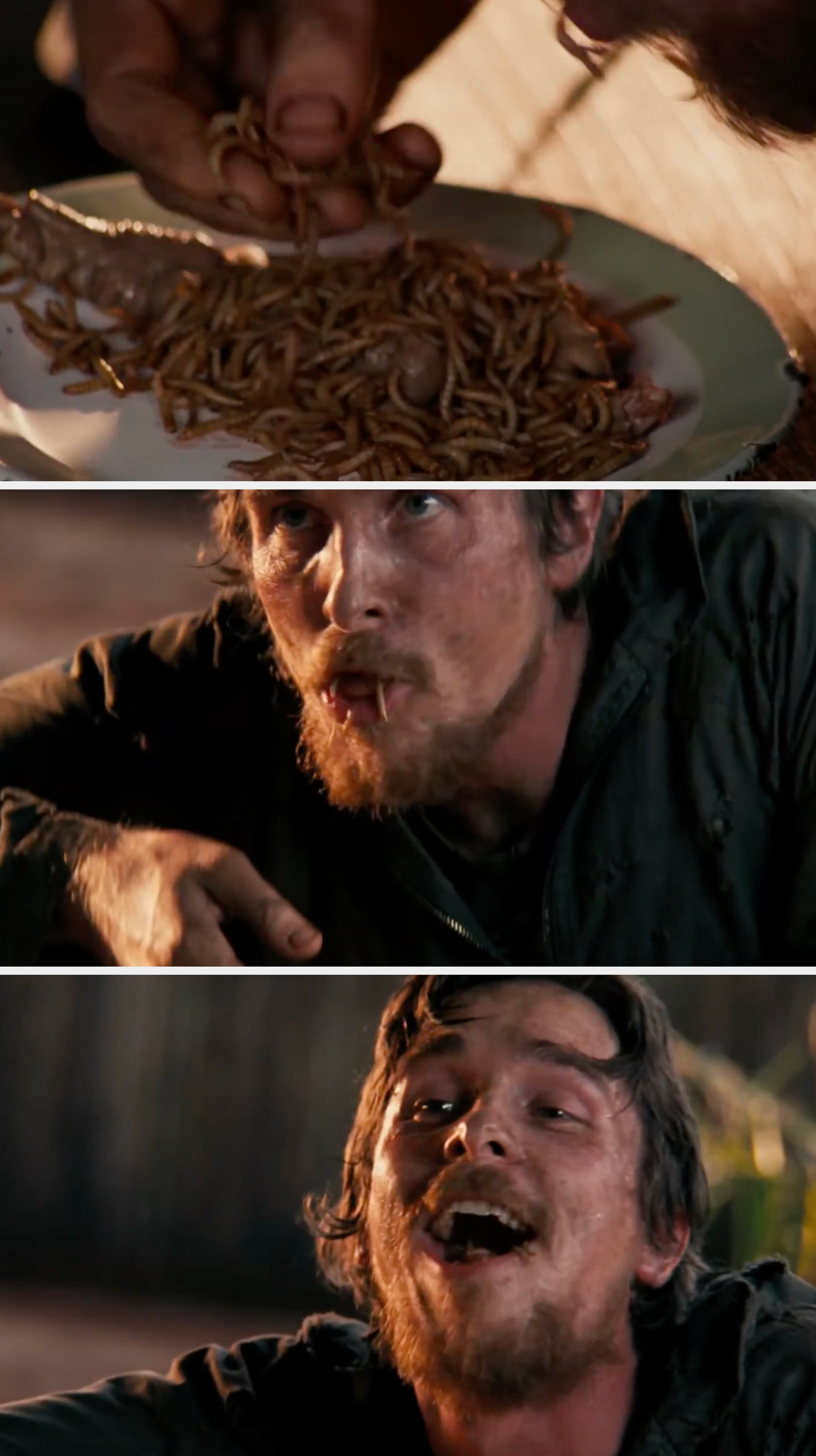 Christian Bale eating a plate of worms with his hands for Rescue Dawn