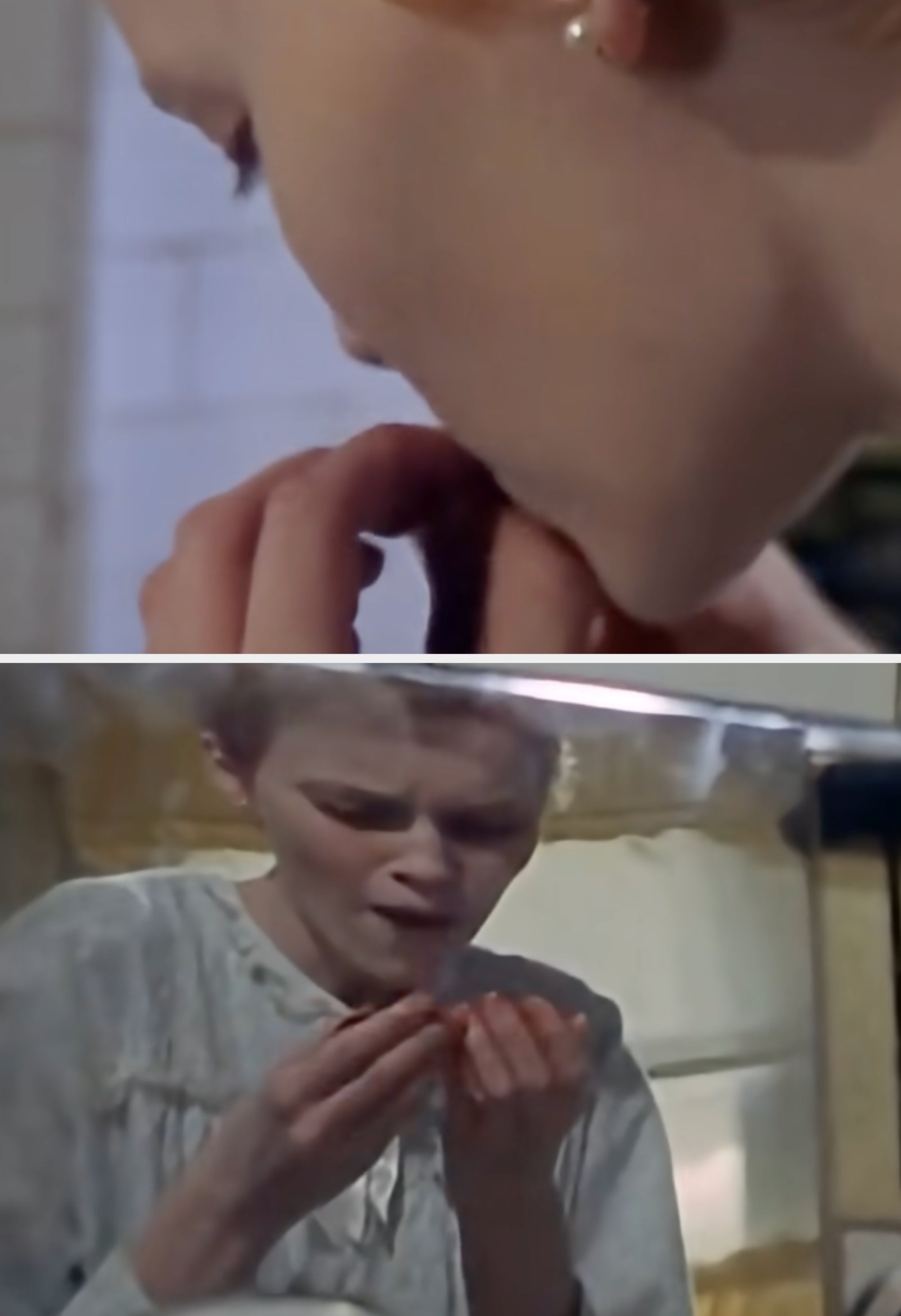 Mia Farrow with short hair bites into a piece of Liver and looks down with a mouth full