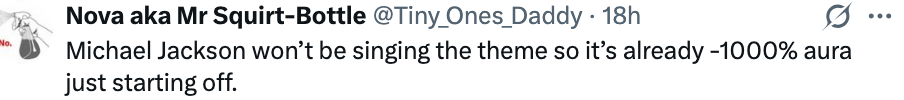 Tweet joking about Michael Jackson not singing a theme song, humorously describing the aura as -1000%