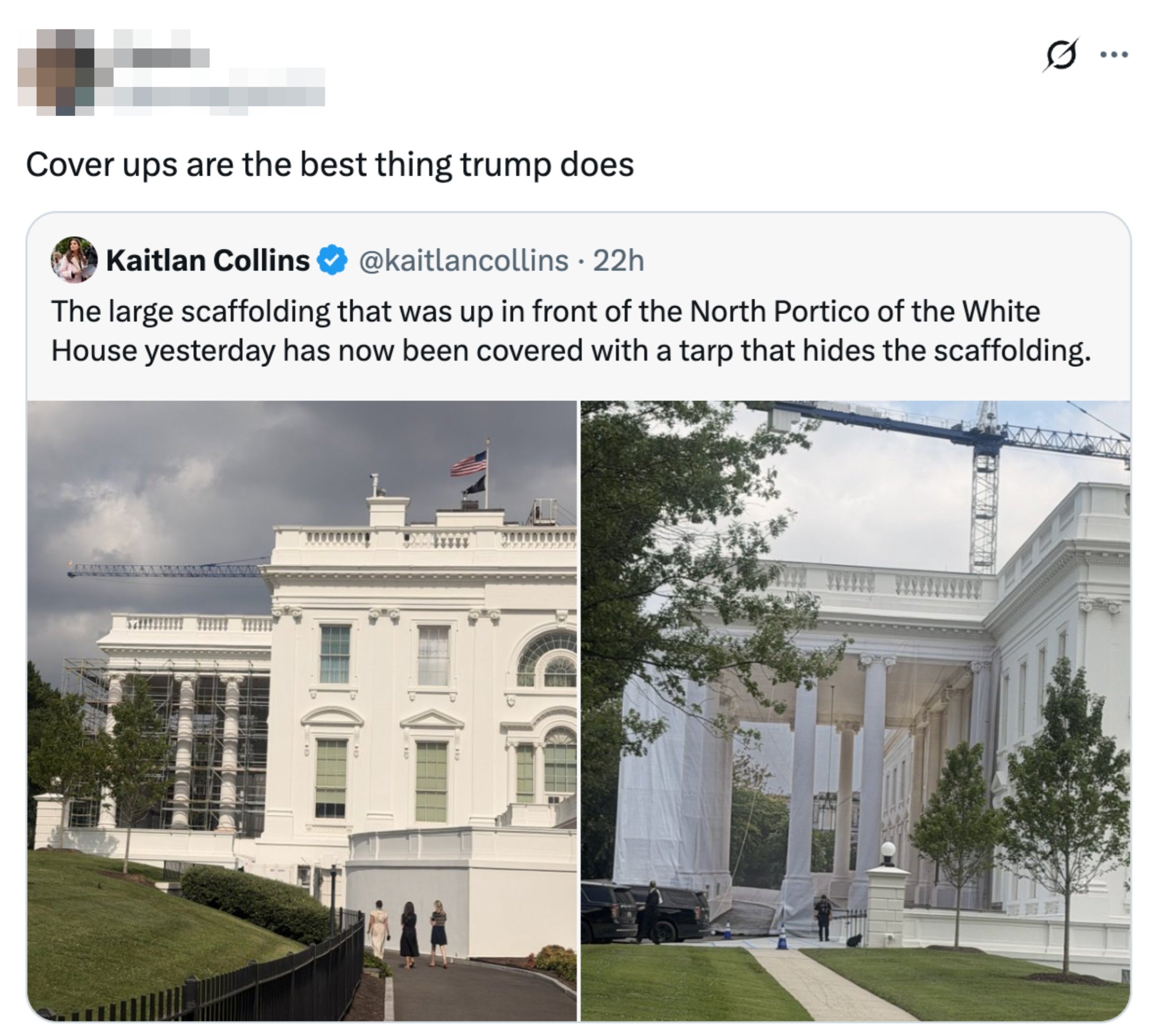Tweet som diskuterer en presenning som dekker stillaset ved North Portico i Det hvite hus, delt av en bruker som heter Devin