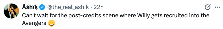 Tweet joking about Willy being recruited into the Avengers post-credits scene