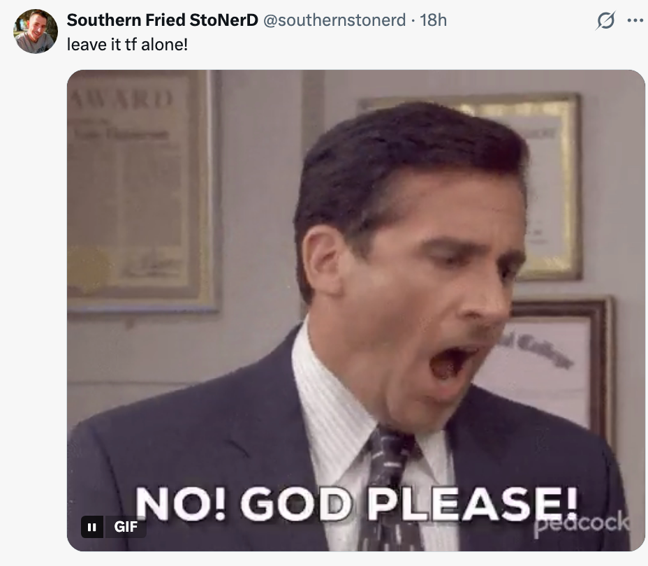 Man in a suit, from a TV show, yells "No! God please no!" with an open mouth expression