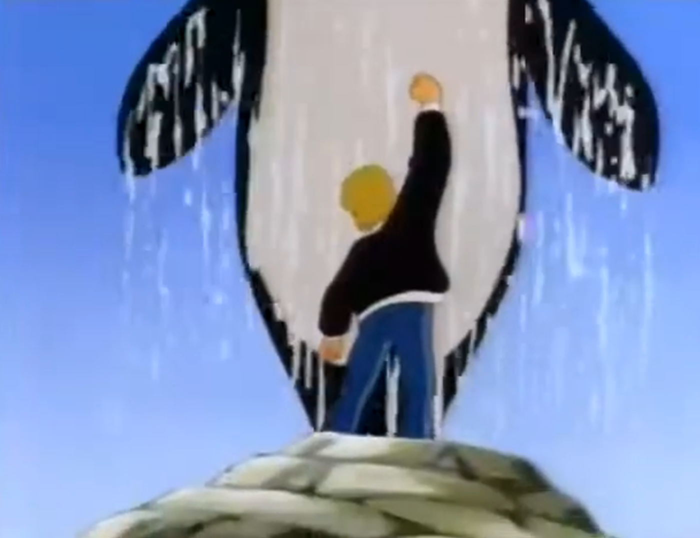 Animated boy fist-pumping in front of a waterfall with an orca looming behind