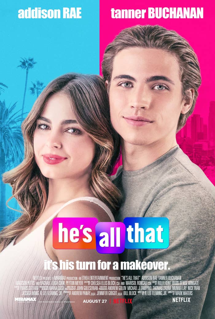 A movie poster for "He's All That" featuring actors with palm trees and cityscape background. Text: "It's his turn for a makeover. August 27. Netflix."