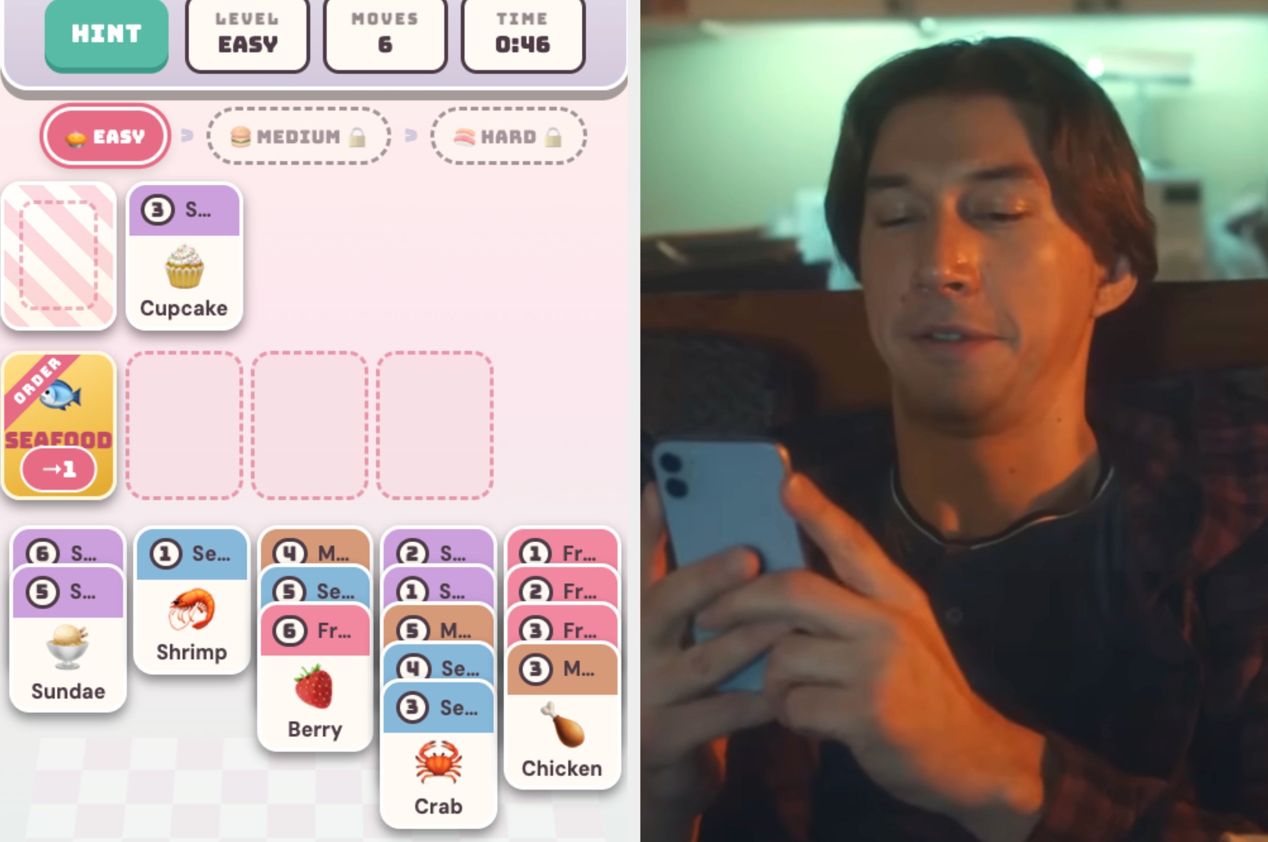 On the left, a solitaire game, and on the right, Adam Driver looking down at his phone in an SNL sketch