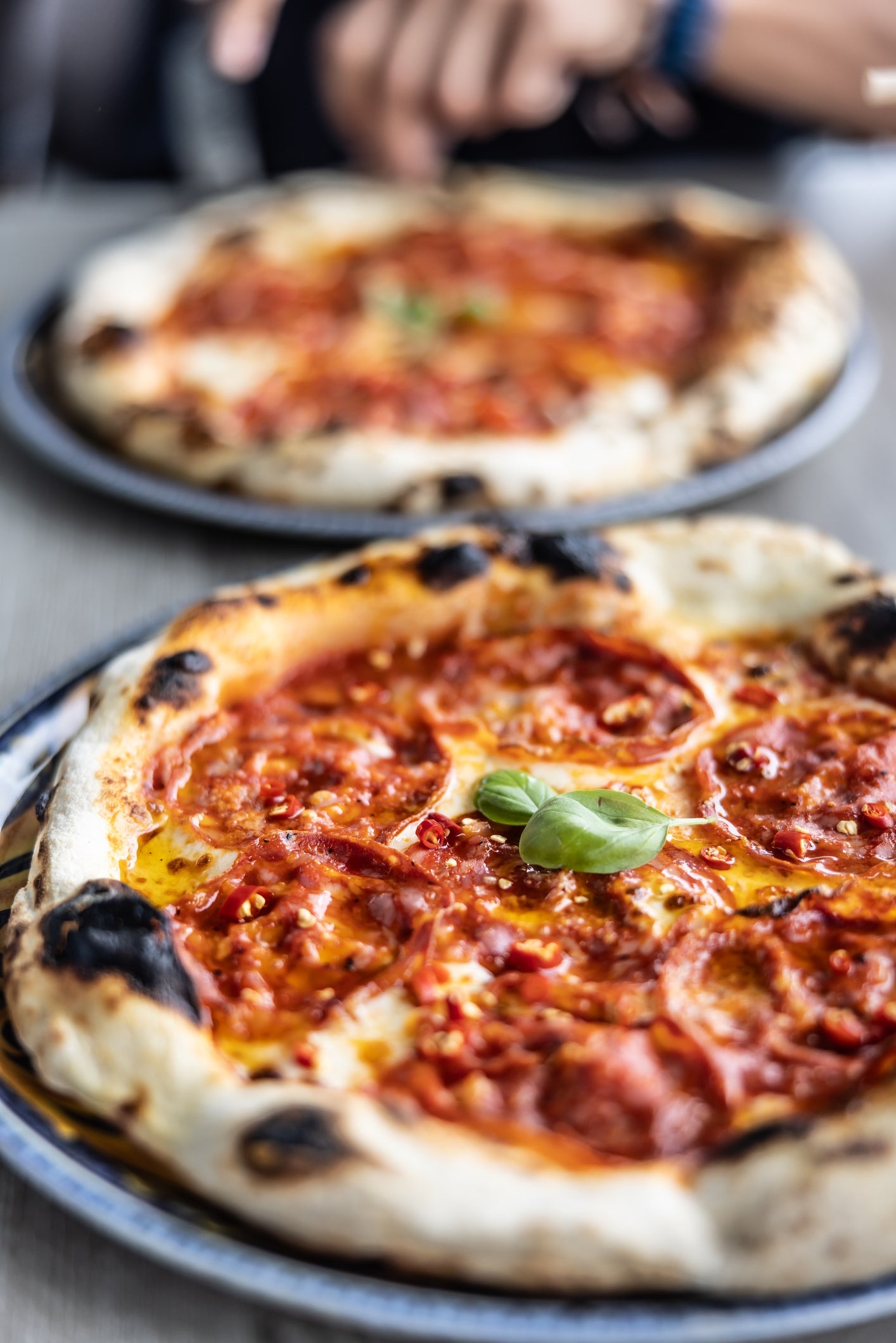 Close-up of two freshly baked pizzas with visible toppings, including sliced tomatoes and basil, on plates. Hands seen reaching for a slice