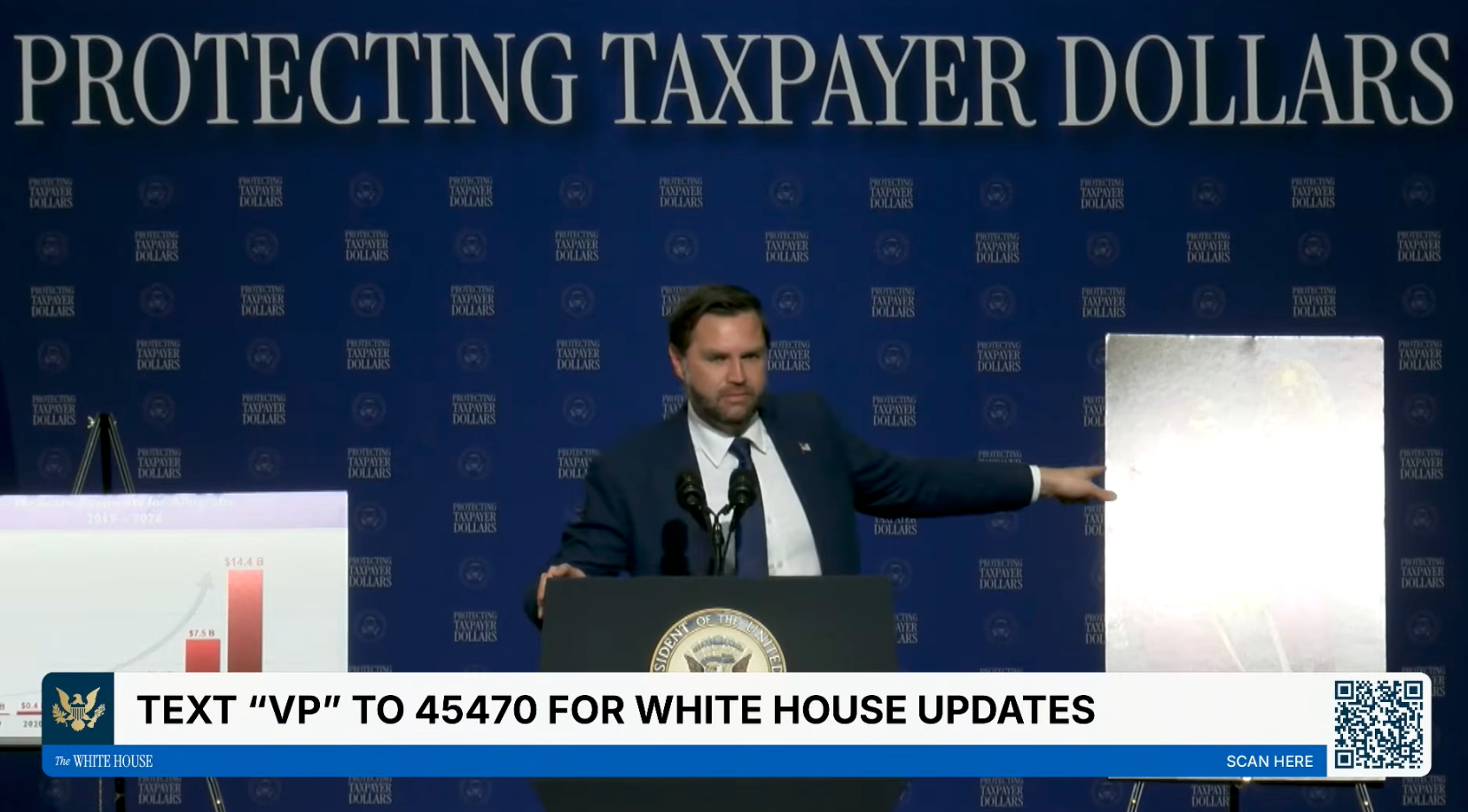 A antheral speaks astatine a podium with a "Protecting Taxpayer Dollars" backdrop, gesturing to charts. Text overlay offers White House updates via substance message