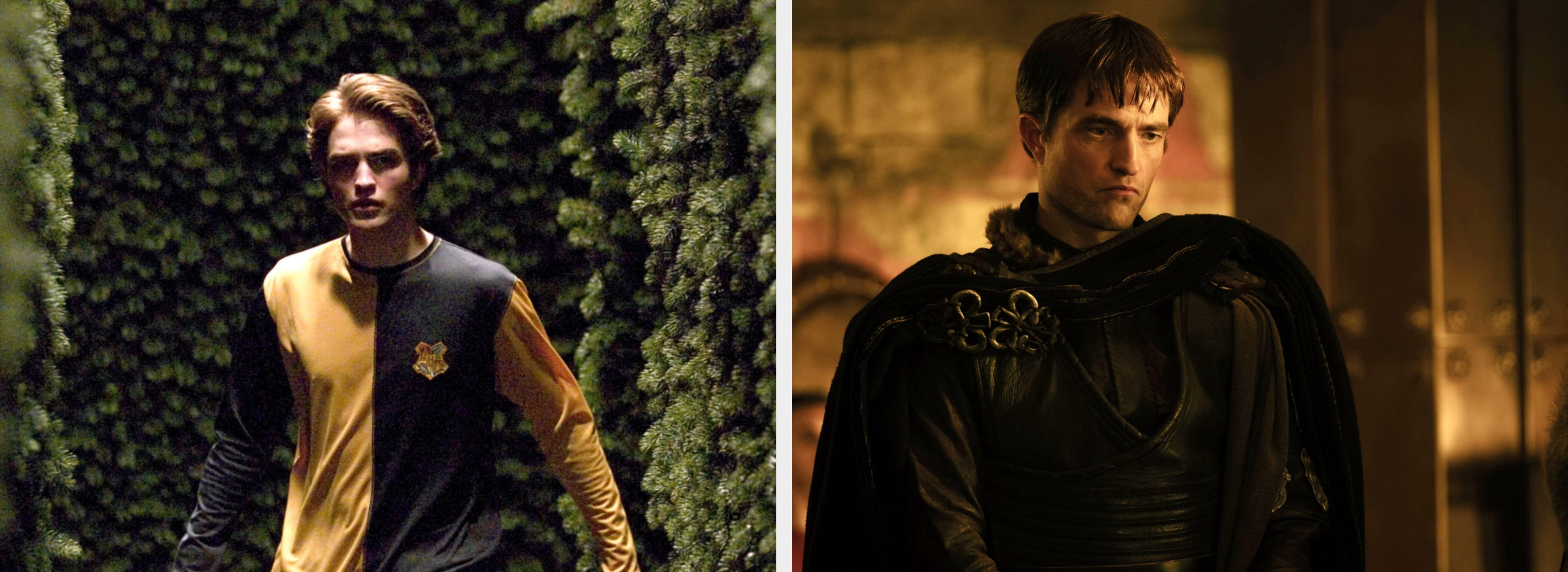 Two photos of Robert Pattinson wearing a long-sleeve, dual-tone shirt with a floral emblem, walking through a hedge labyrinth