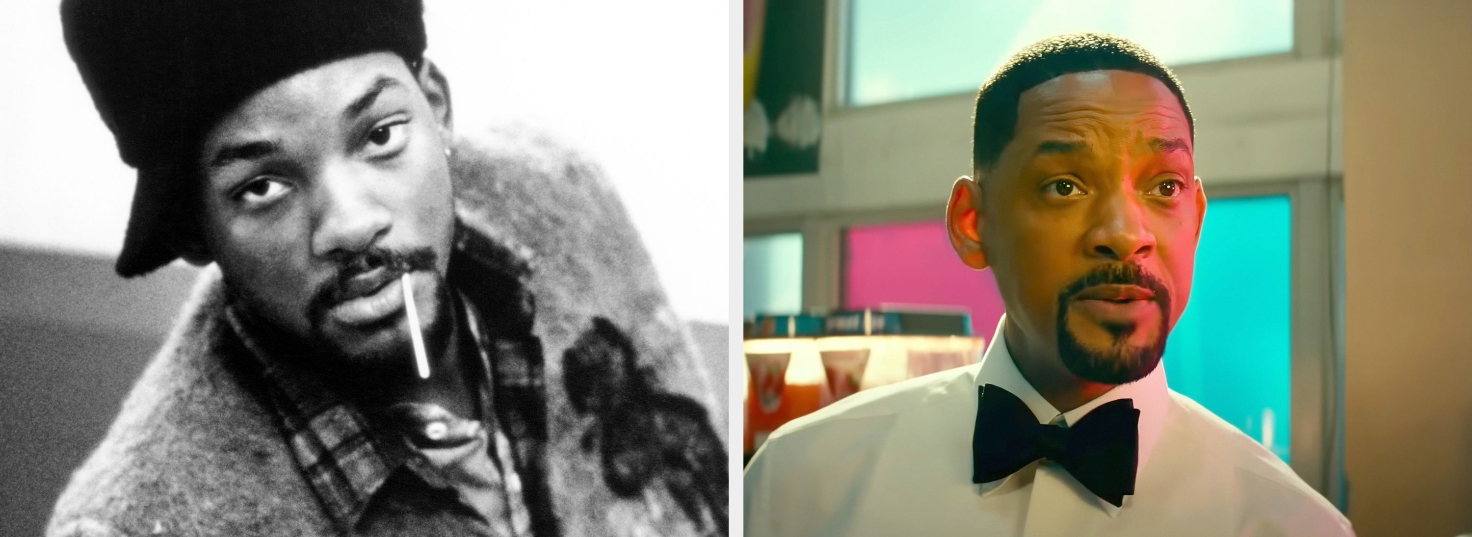 Two side-by-side images of Will Smith: on the left, casually dressed with a hat; on the right, in a tuxedo, appearing formal