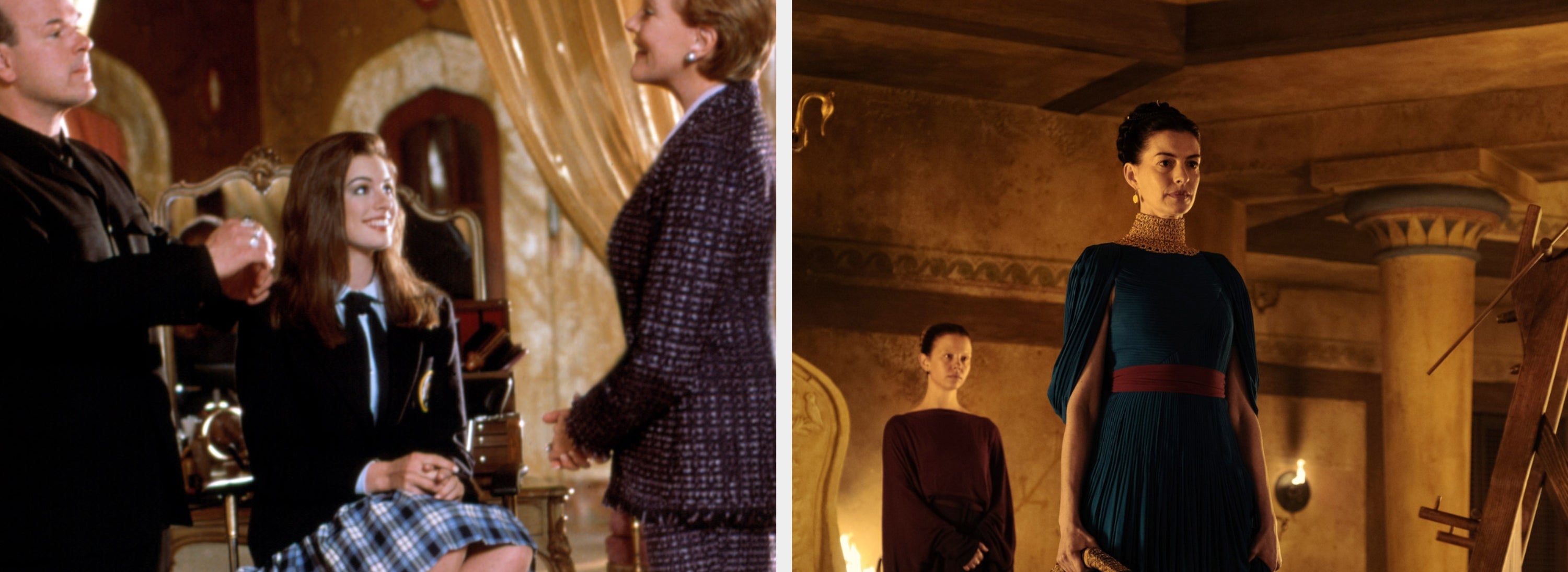 Two scenes from different movies. Left: Anne Hathaway in a plaid skirt with two people. Right: Anne Hathaway in a dark dress stands before others