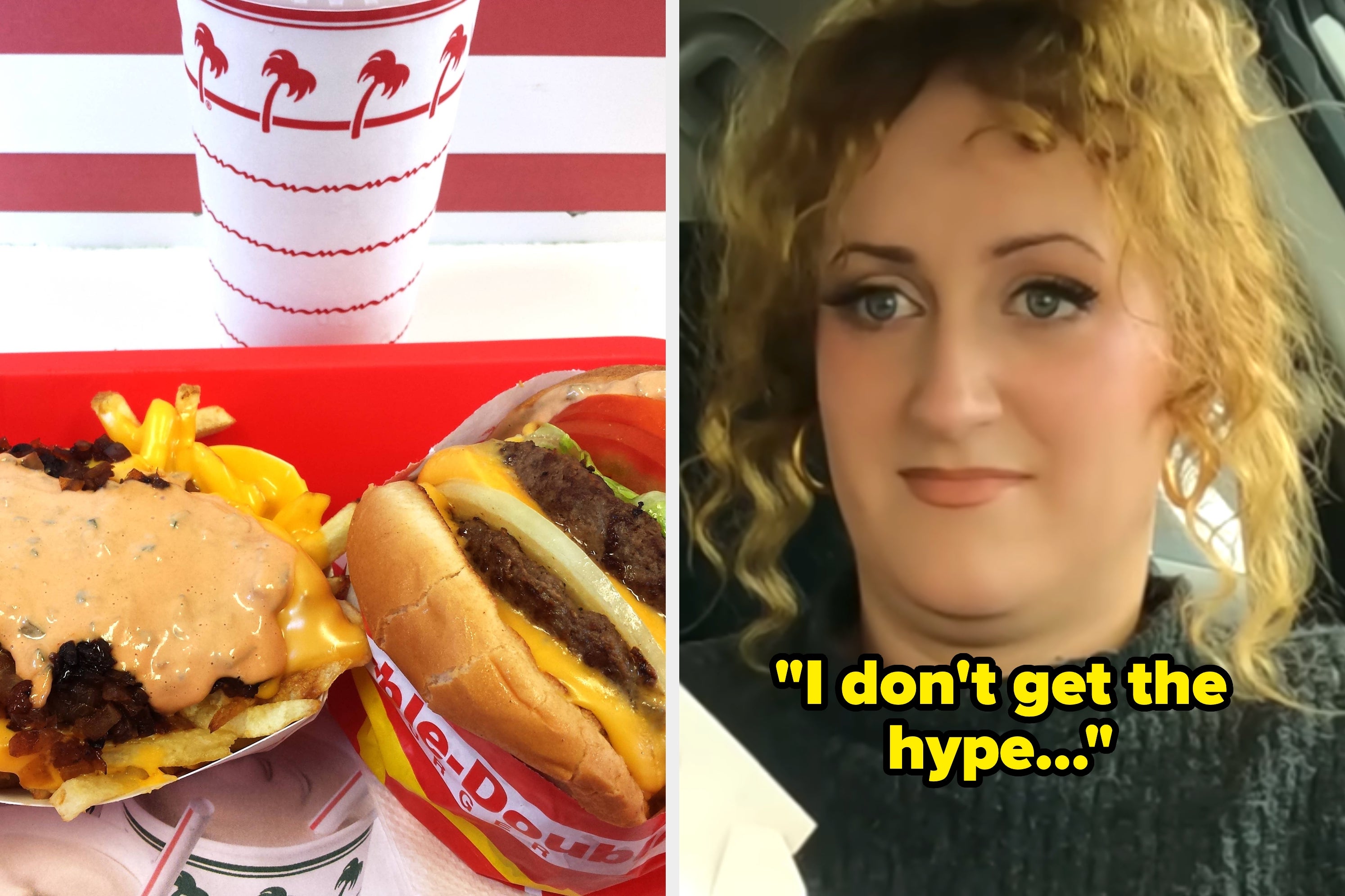 In-N-Out meal with burger and fries on the left; person with curly hair on the right, likely reacting to the meal