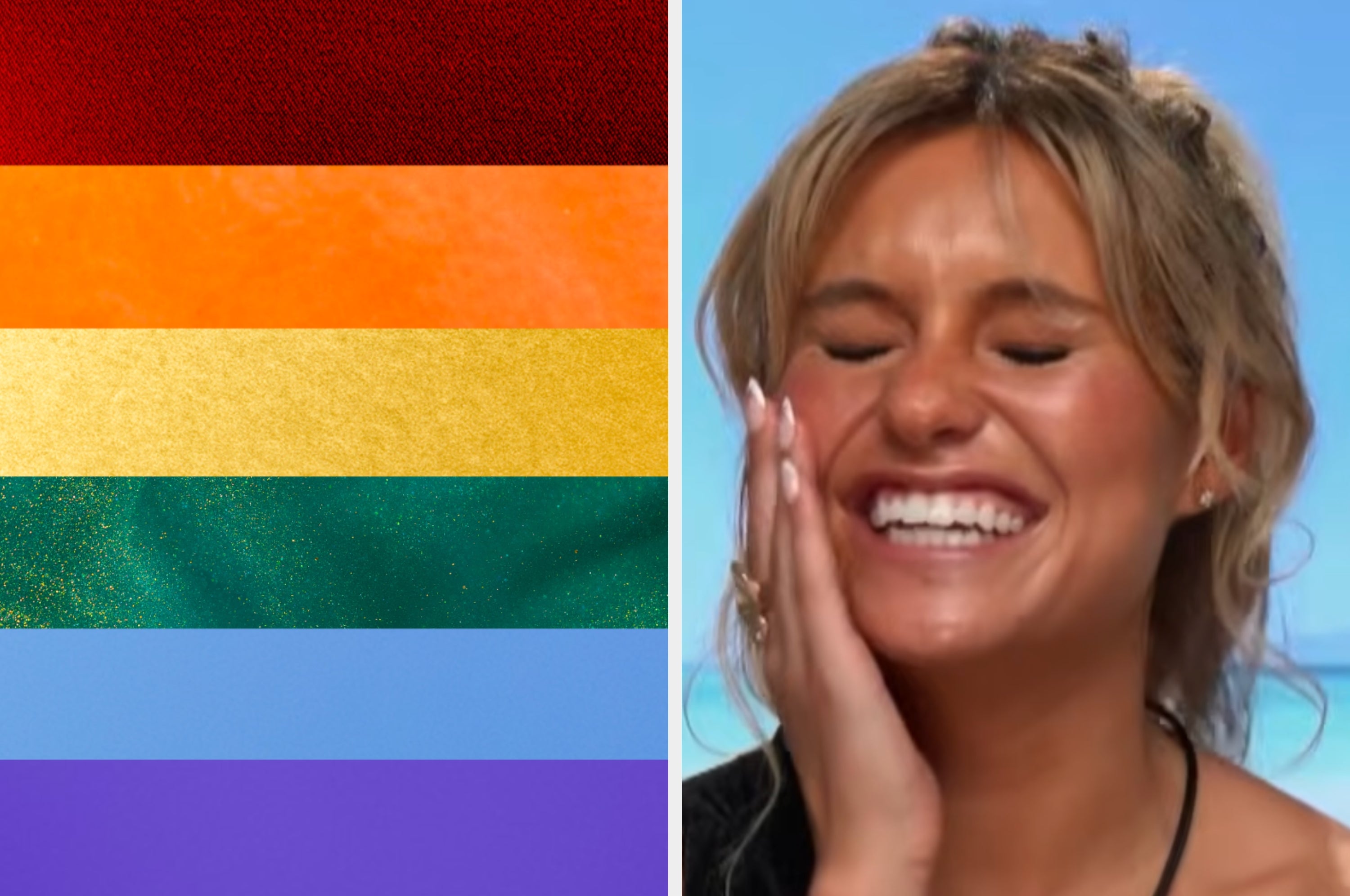 Left: Vertical slice of a rainbow color palette. Right: Person in black outfit, smiling with hand on cheek, wearing bracelets, against a beach backdrop