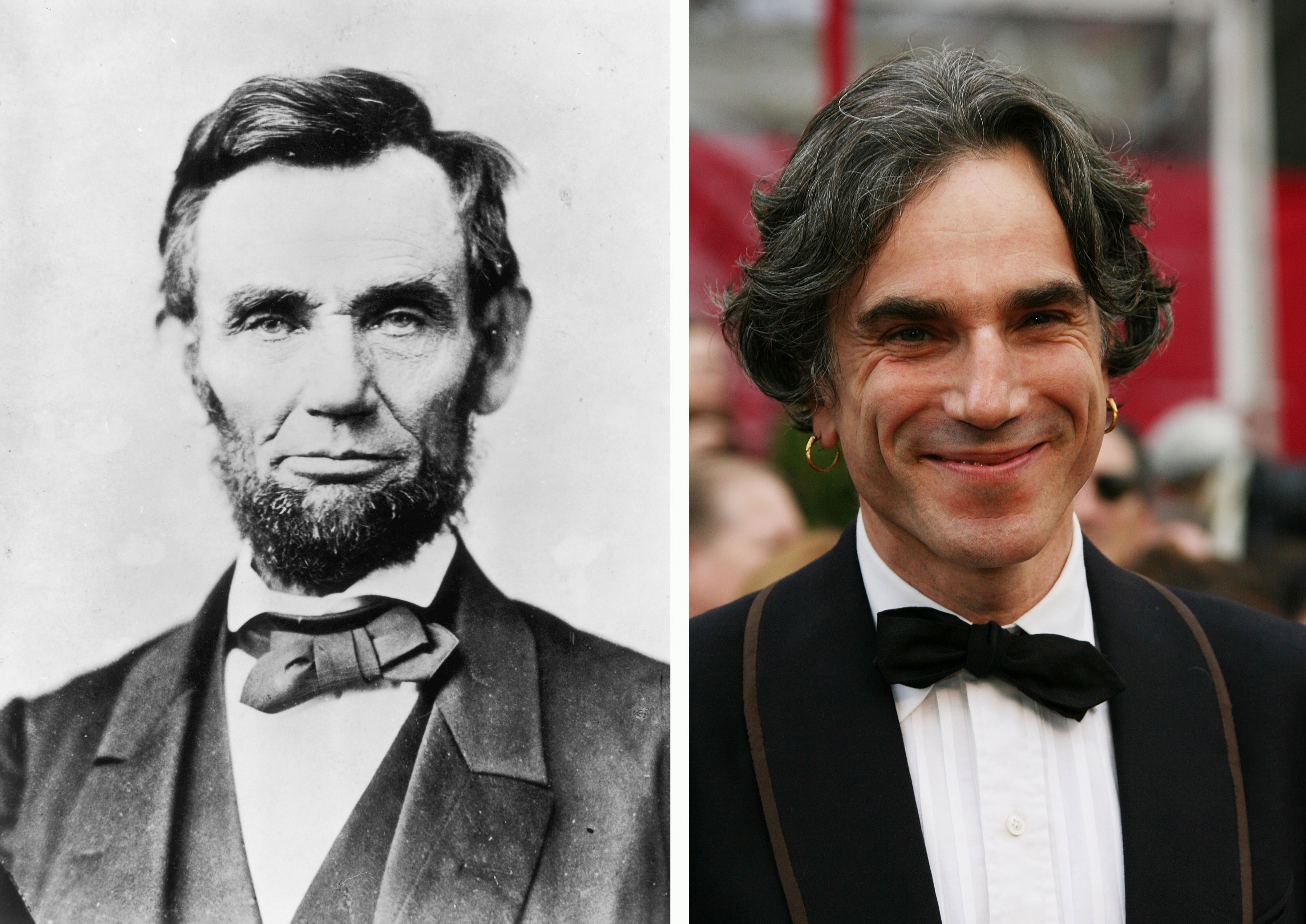 Left: Abraham Lincoln wears a bow tie and a jacket. Right: Daniel Day-Lewis wears a bow tie and a jacket while smiling warmly