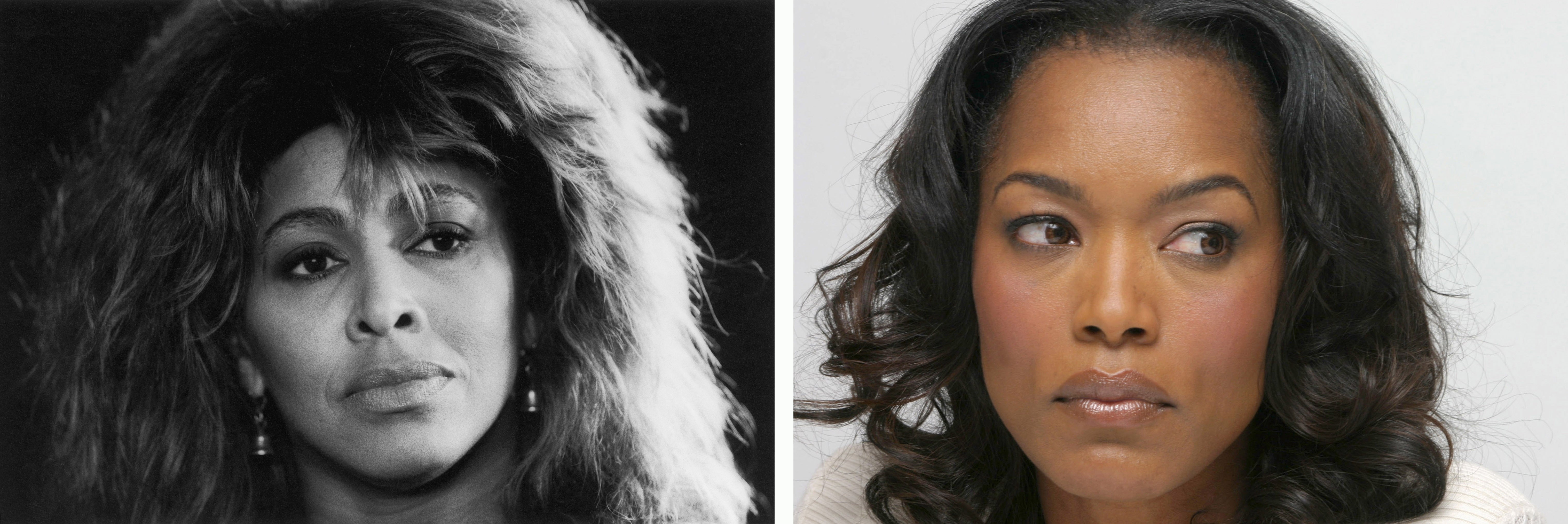 Left: Tina Turner introspectively gazes to the side. Right: Angela Bassett looks pensive as she raises her eyebrows slightly