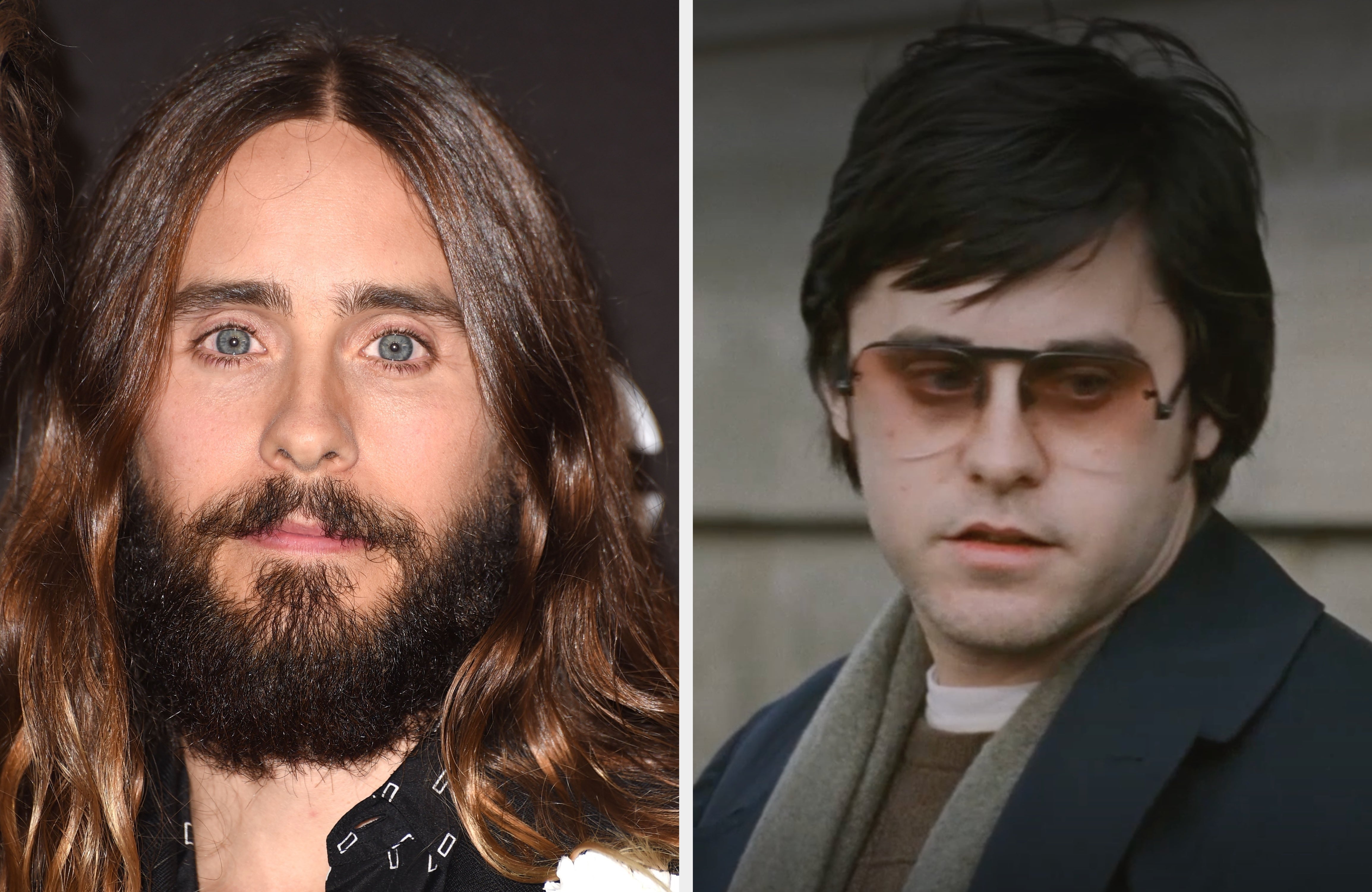Left: Jared Leto with long hair and a beard. Right: Jared Leto portraying Mark David Chapman with sunglasses, a scarf, and a black jacket