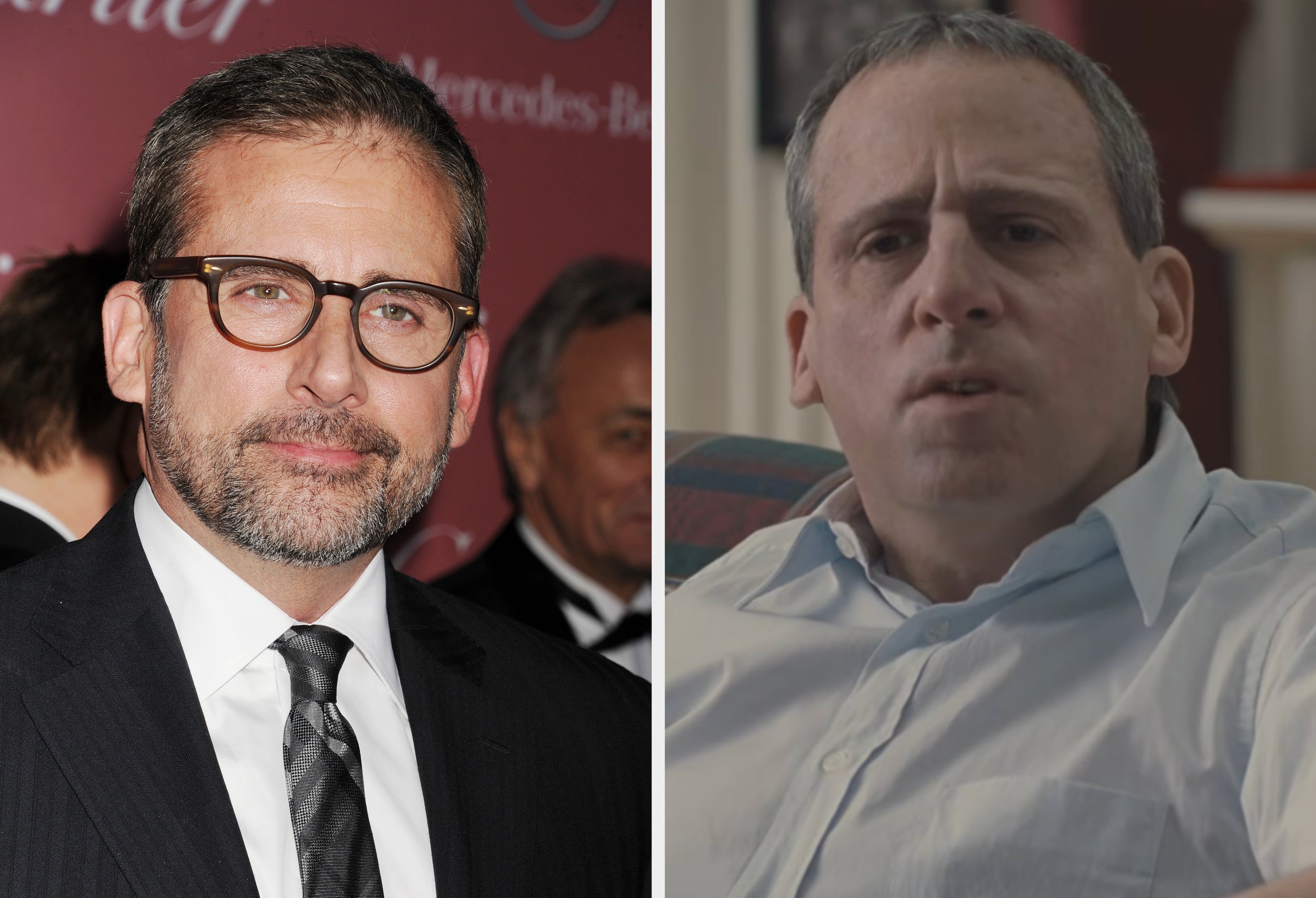 Left: Steve Carell wears glasses, a suit, and a tie while attending an event. Right: Steve Carell portrays John du Pont who wears a white button up shirt