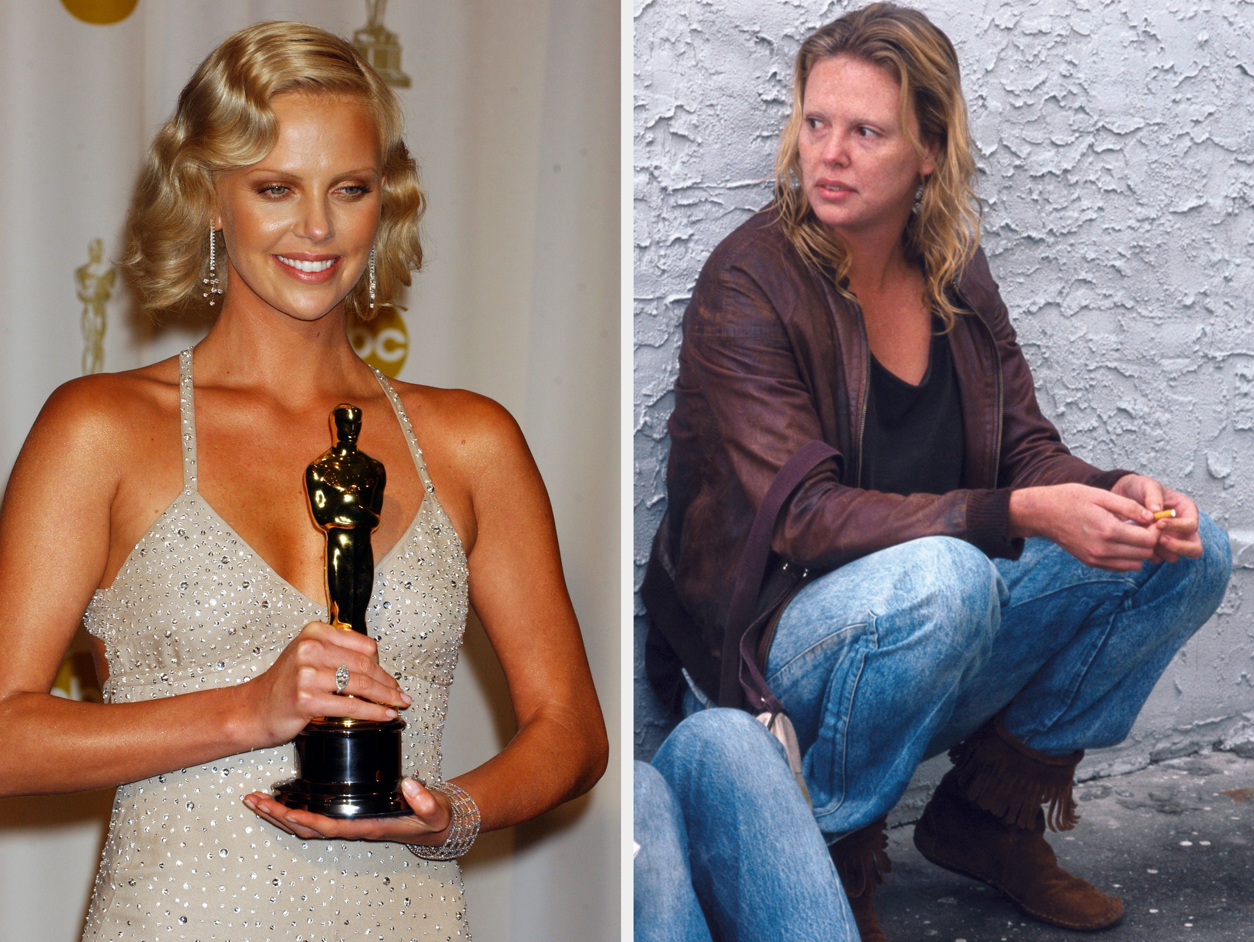 Left: Charlize Theron holds an Academy Award in a sparkling dress. Right: Charlize Theron portrays Aileen Wuornos in Monster wearing blue jeans and a brown jacket