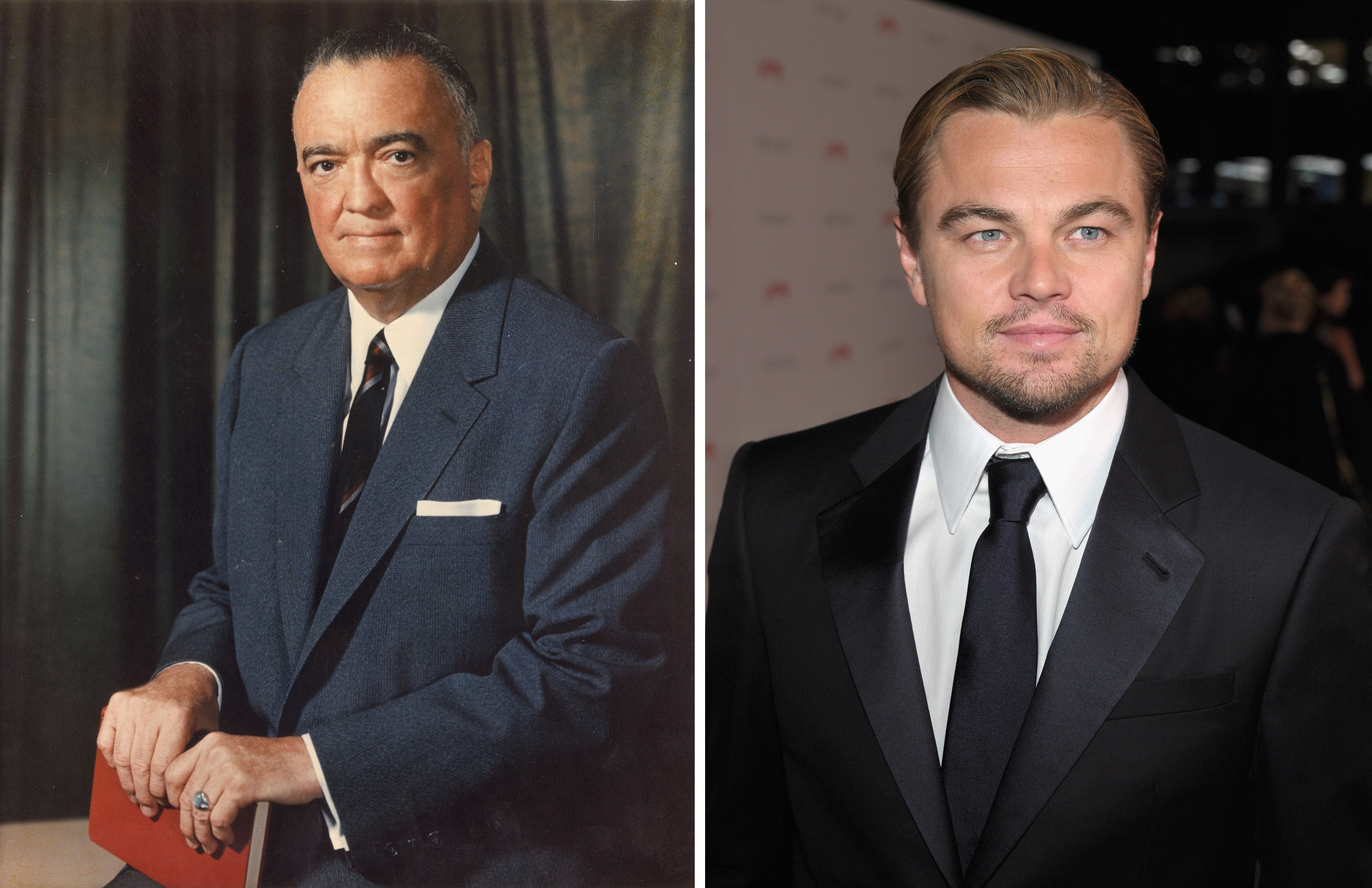 Left: J. Edgar Hoover poses in a navy suit. Right: Leonardo DiCaprio wears a black suit and tie