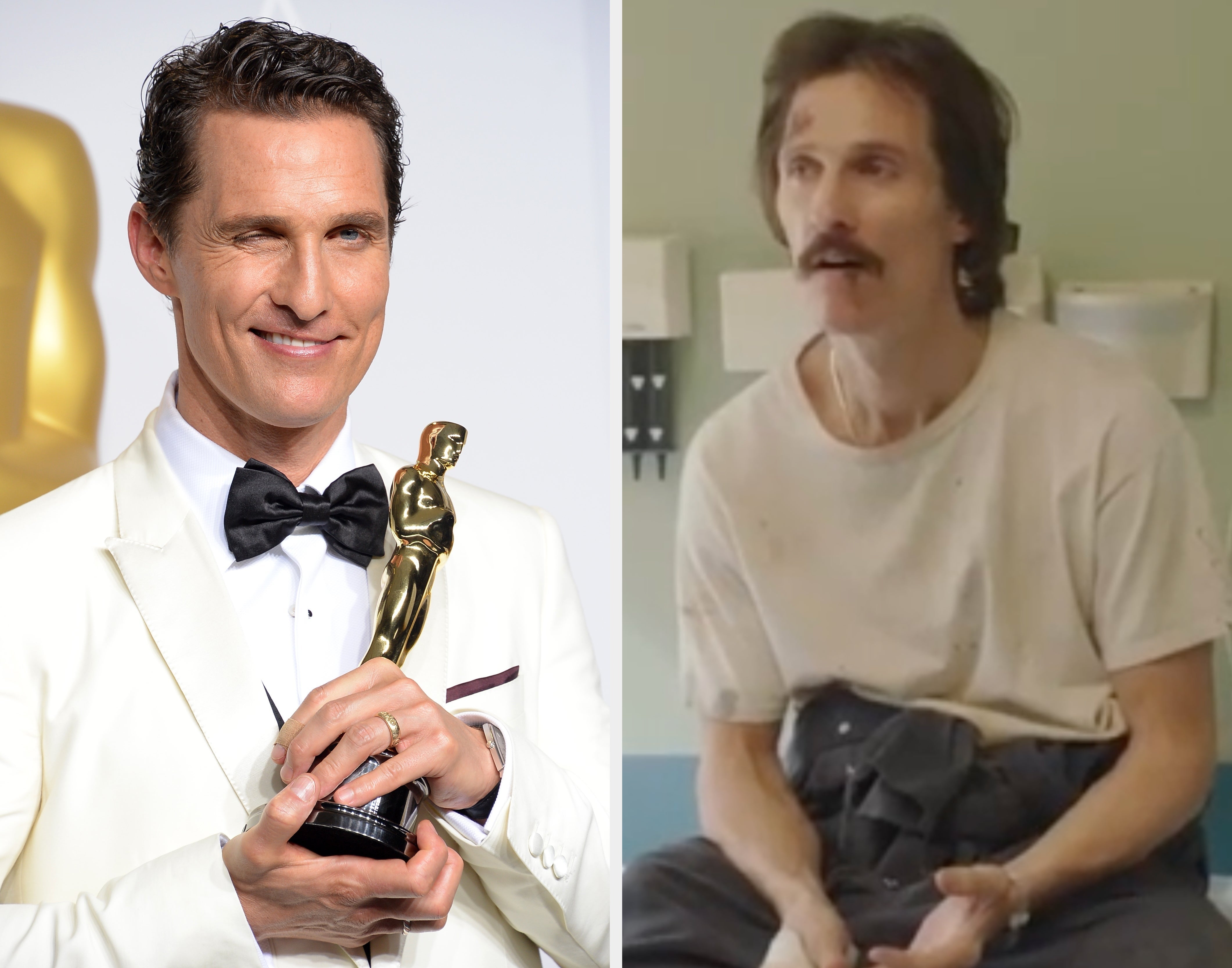 Left: Matthew McConaughey wears a white suit with a black bow tie while holding his Academy Award for Best Actor. Right: Matthew McConaughey portrays Ron Woodroof in Dallas Buyers Club