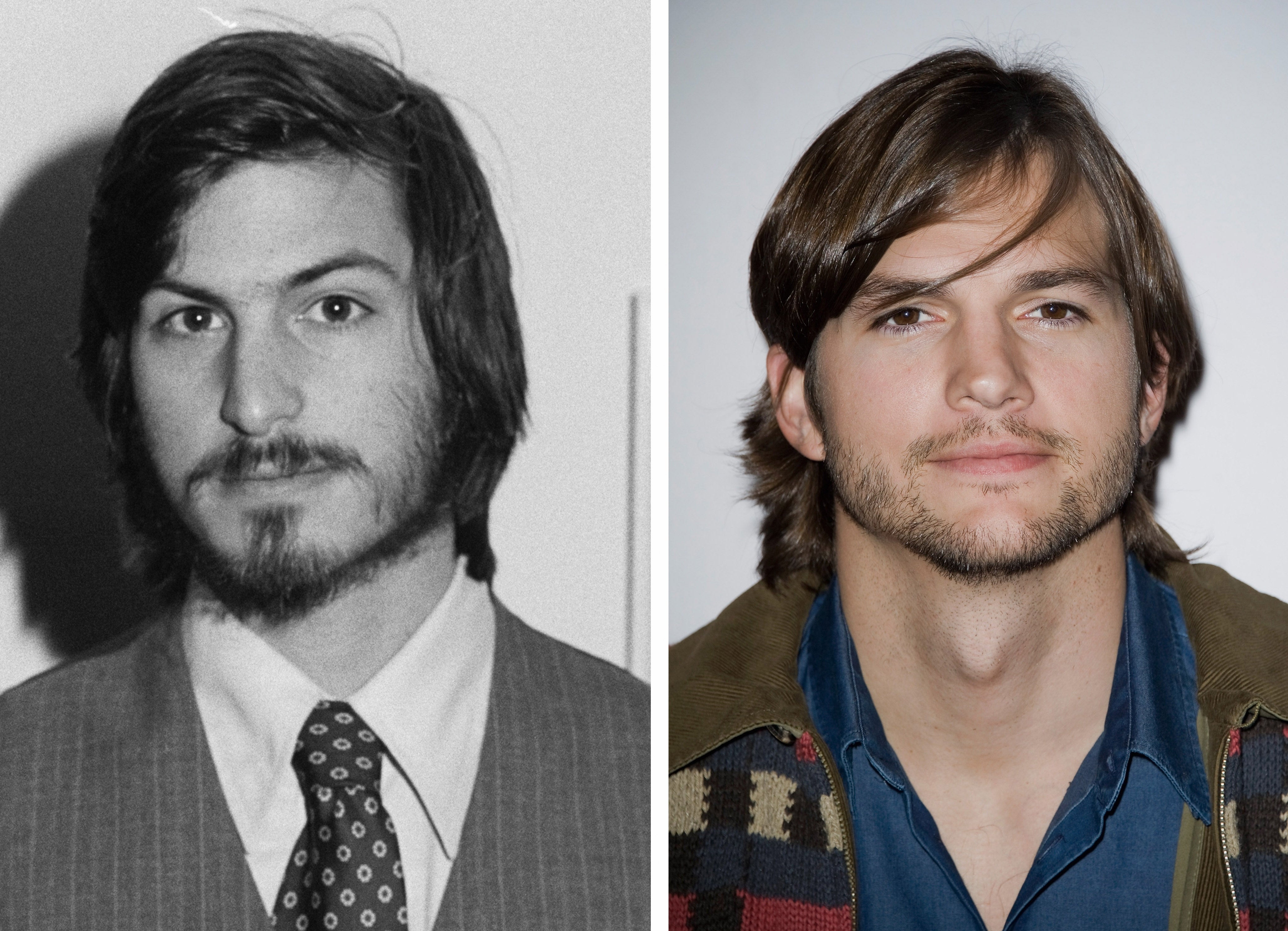 Left: Steve Jobs photographed in black and white wearing a patterned tie. Right: Ashton Kutcher wears a navy button-up shirt and patterned jacket