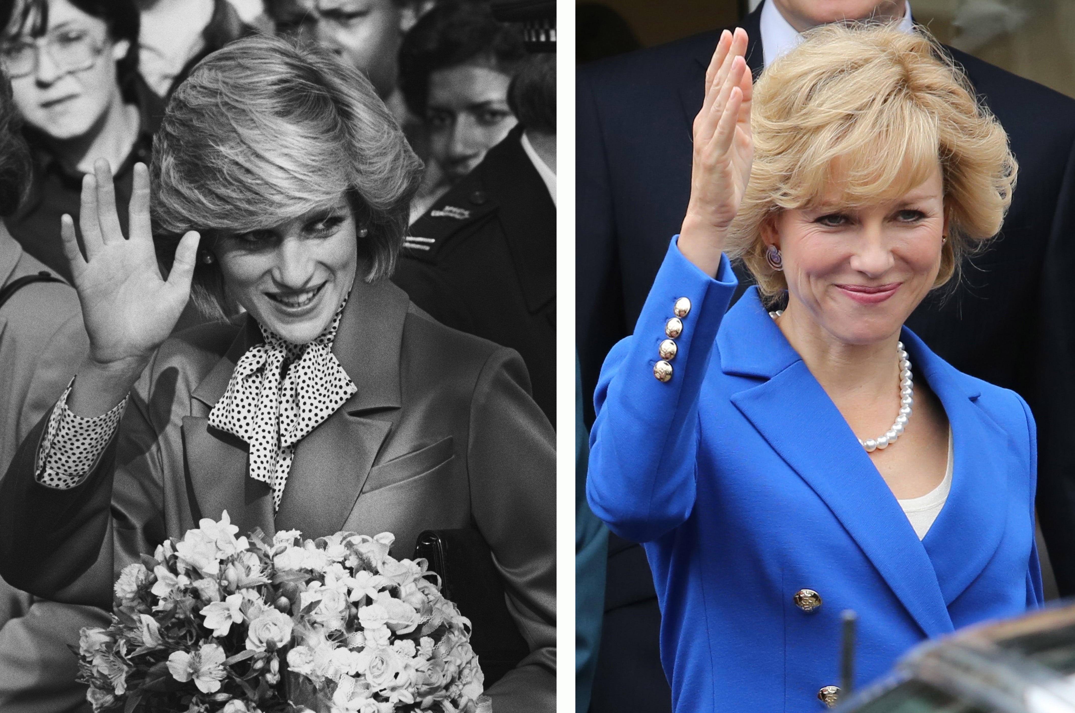 Left: Princess Diana waves and smiles while holding a boquet of flowers. Right: Naomi Watts portrays Princess Diana and waves at a crowd while wearing a blue blazer and pearls