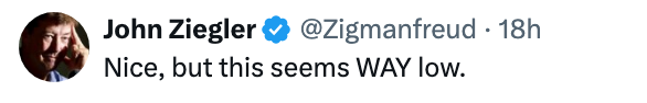 Tweet from John Ziegler expressing that something seems too low