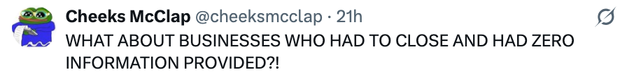Tweet questioning the lack of information given to businesses forced to close