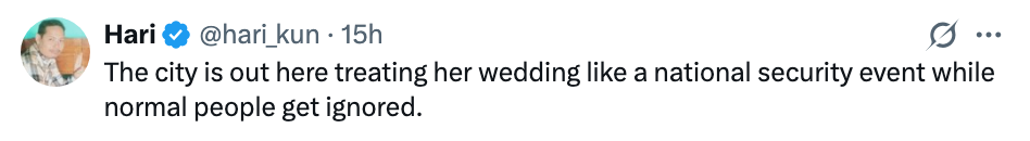 Tweet criticizing city for prioritizing a high-profile wedding over public needs
