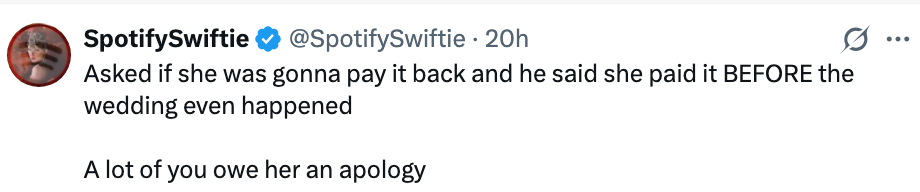 Tweet discussing financial repayment, stating it was settled before a wedding. Suggests many people owe an apology