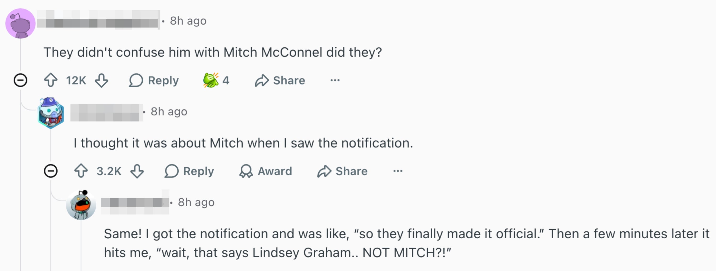 Facebook kommenterer om å forveksle Mitch McConnell med Lindsey Graham, og diskuterer å motta overraskende varsler