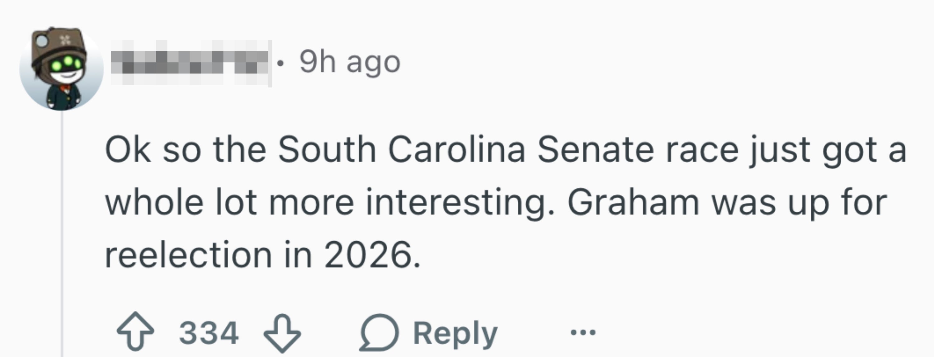 Teksten er en kommentar om at Senatet i South Carolina ble mer interessant med Grahams gjenvalg i 2026
