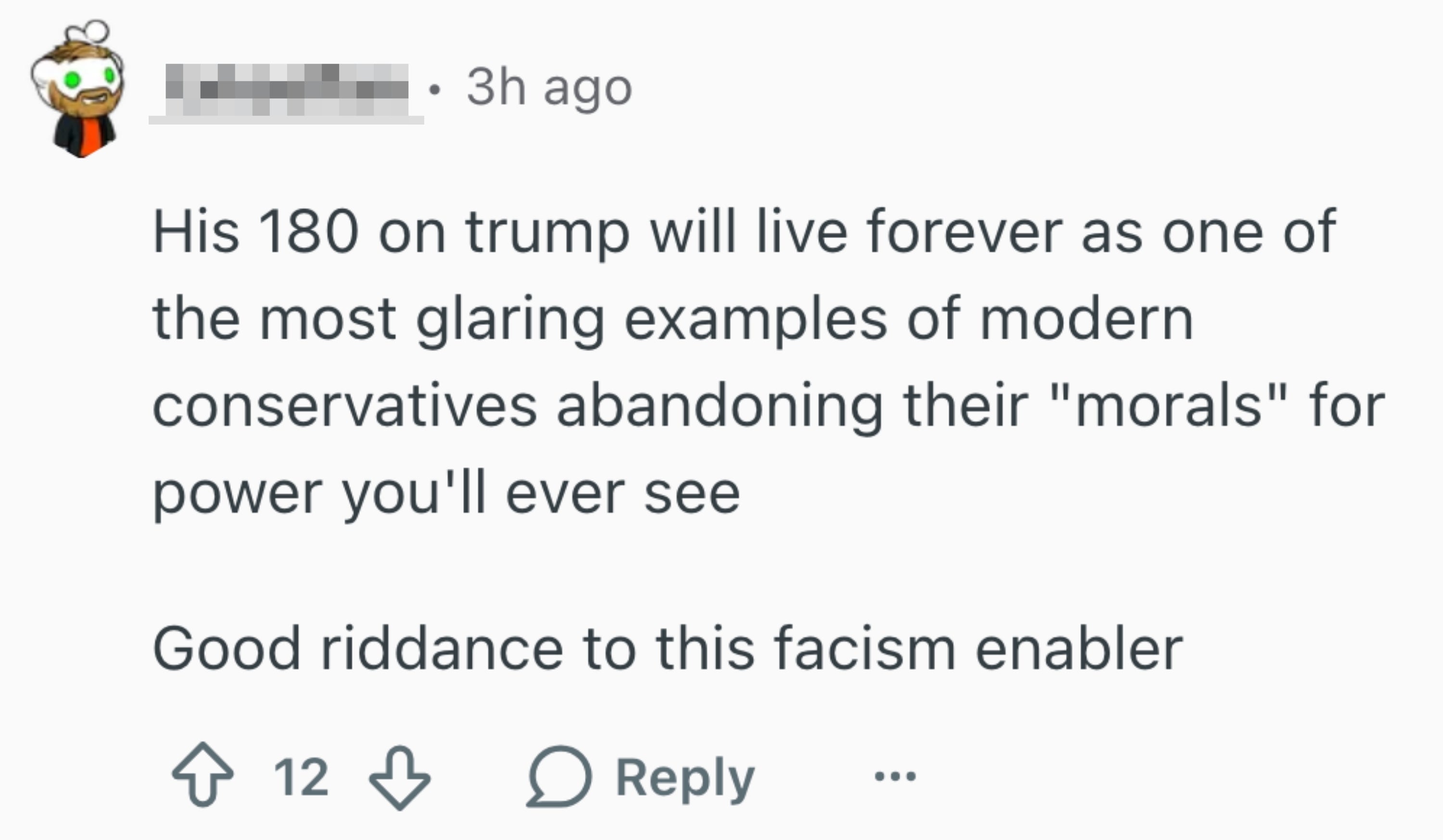 En kommentar som kritiserer noen for å endre sin holdning til Trump, og kaller det en konservativ oppgivelse av moral for makten, som ender med oppsigelse